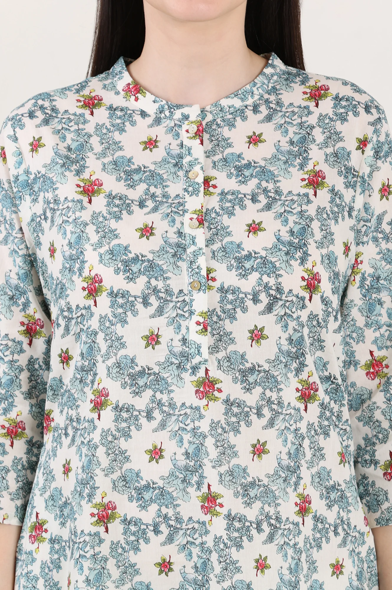 White Mandarin Collar Pure Cotton Straight Kurta With Green & Orange Floral Print - Image 3