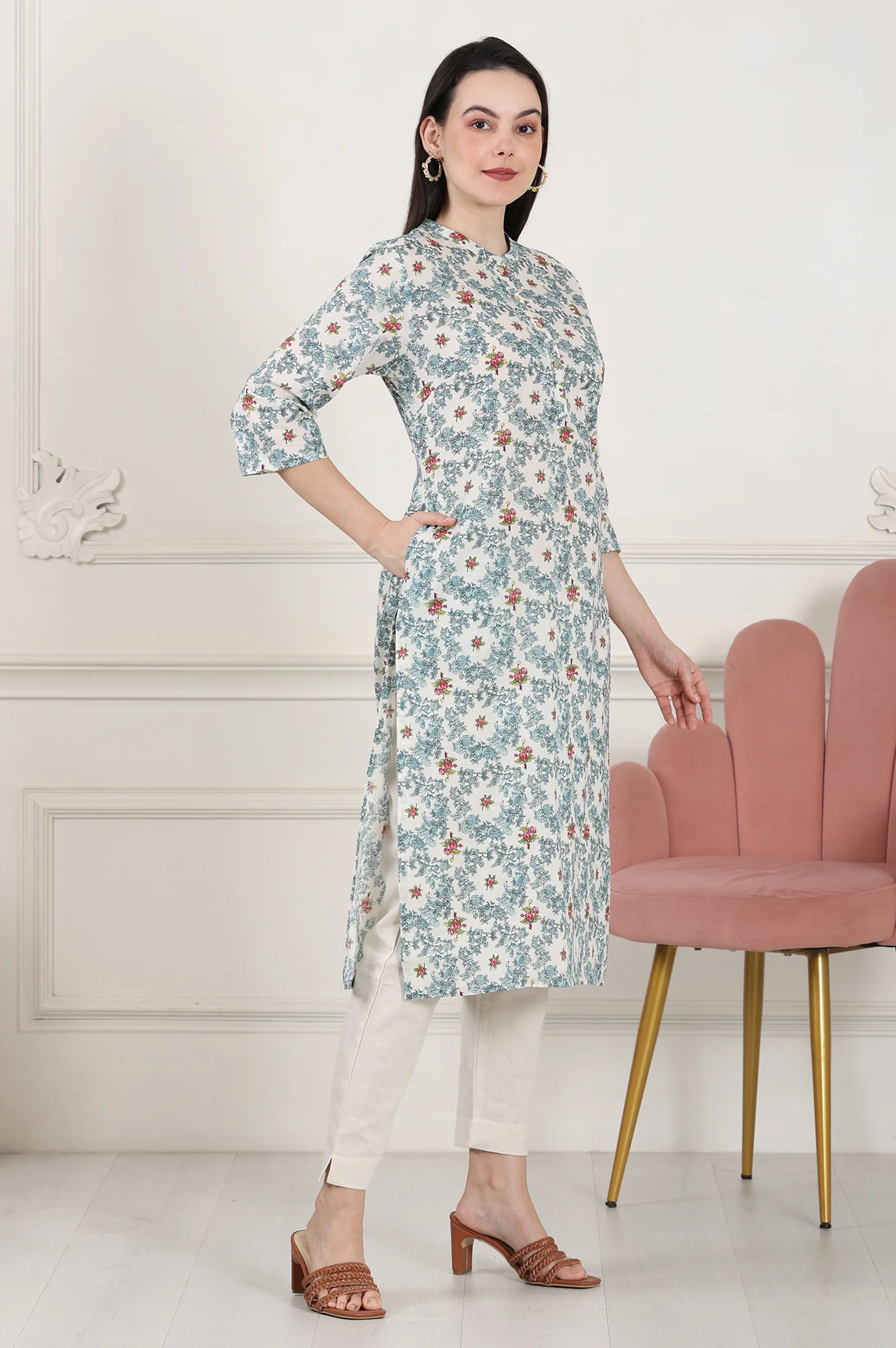 White Mandarin Collar Pure Cotton Straight Kurta With Green & Orange Floral Print - Image 6
