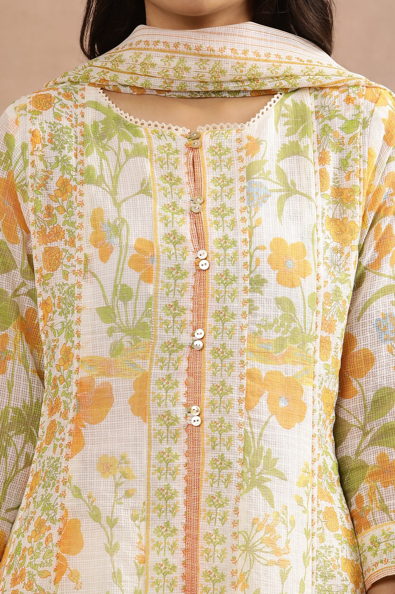 White Multi-Coloured Floral Printed Panelled Kurta, Pants And Dupatta Set - Image 6