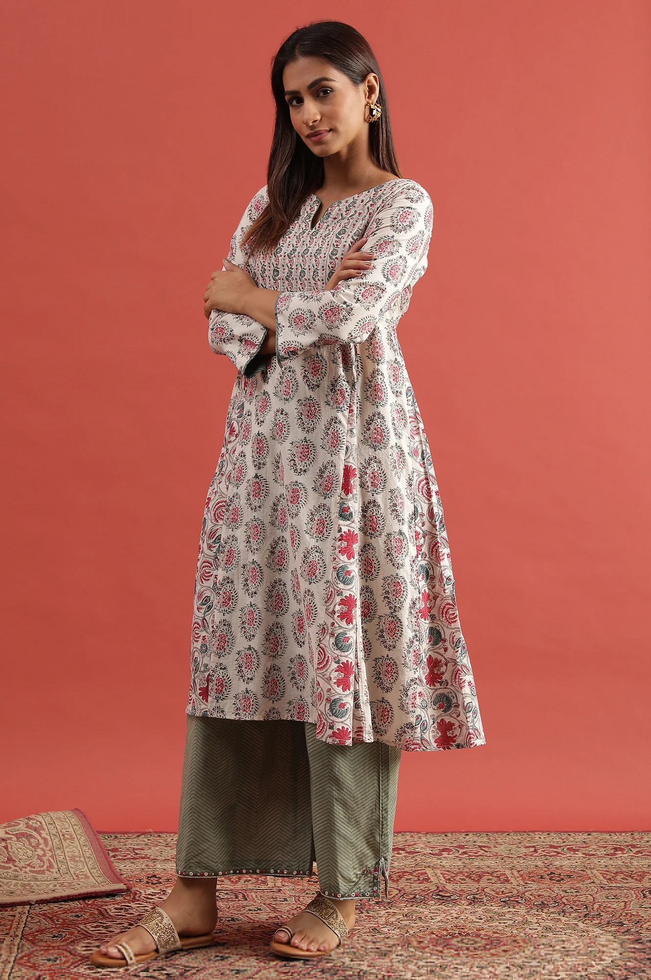 White Multi-Coloured Hand Block Print Flared Kurta - Image 2