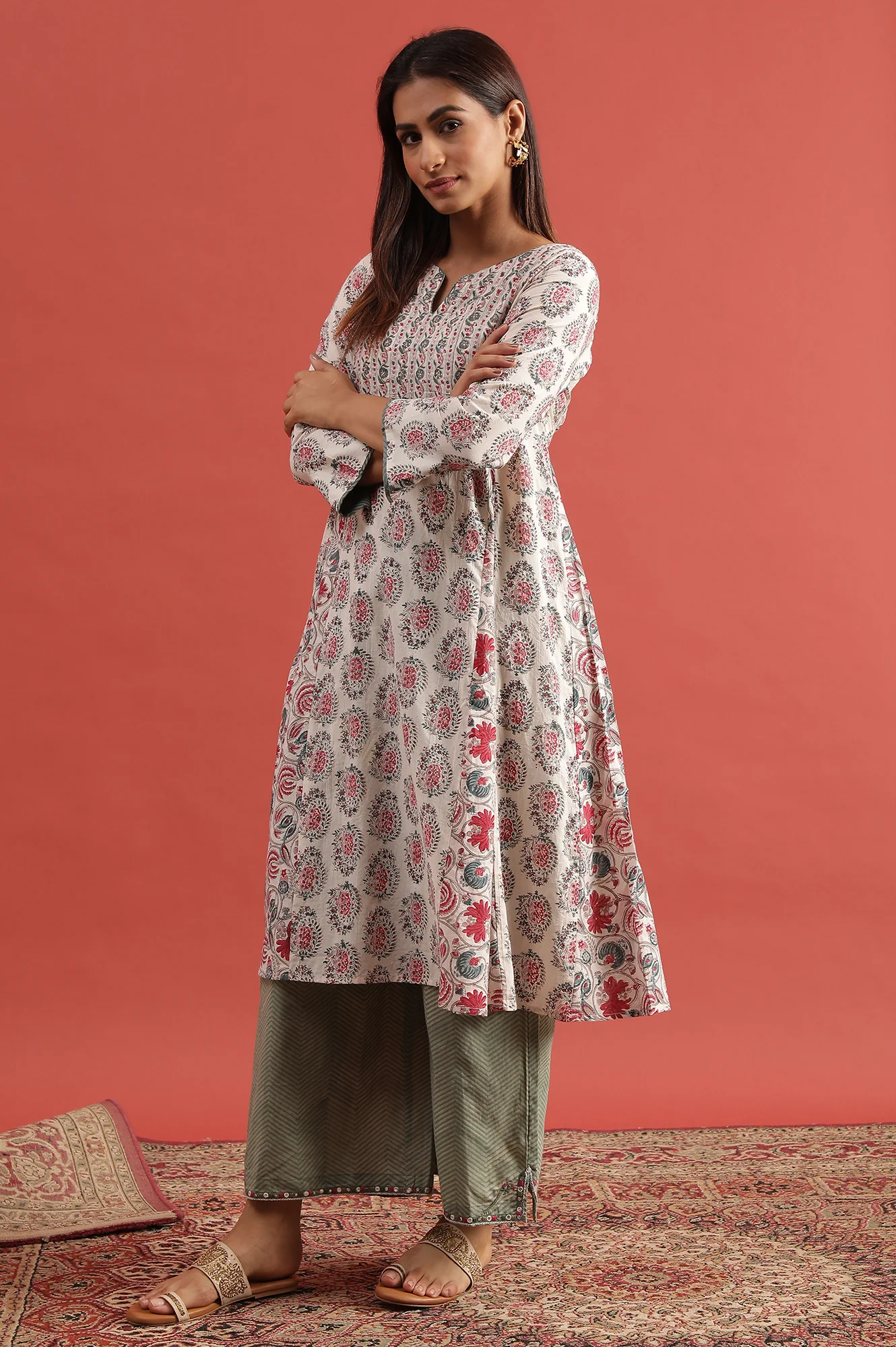 White Multi-Coloured Hand Block Print Flared Kurta - Image 3