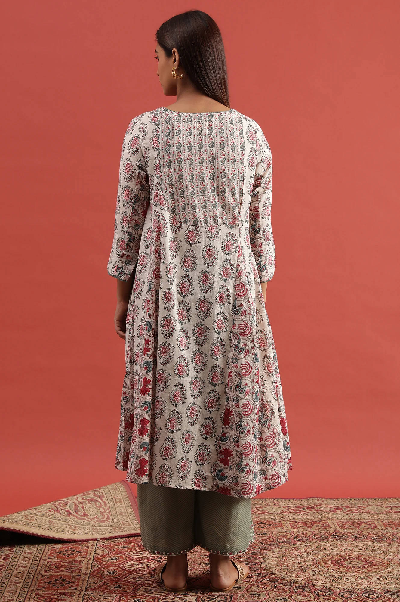 White Multi-Coloured Hand Block Print Flared Kurta - Image 4
