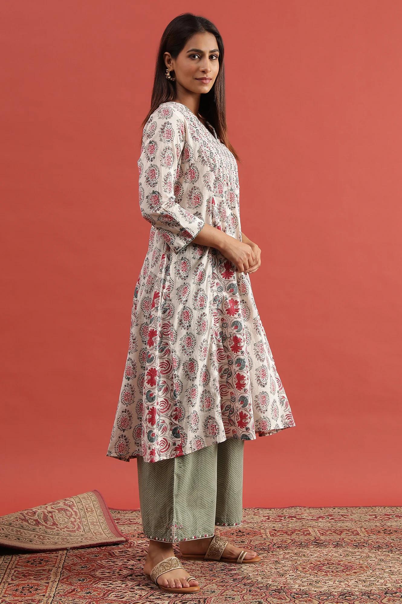 White Multi-Coloured Hand Block Print Flared Kurta - Image 5