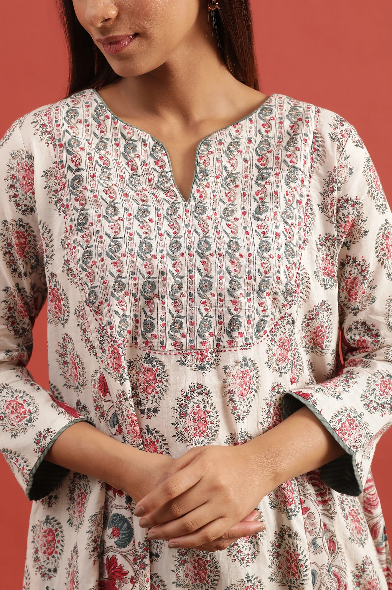 White Multi-Coloured Hand Block Print Flared Kurta - Image 6