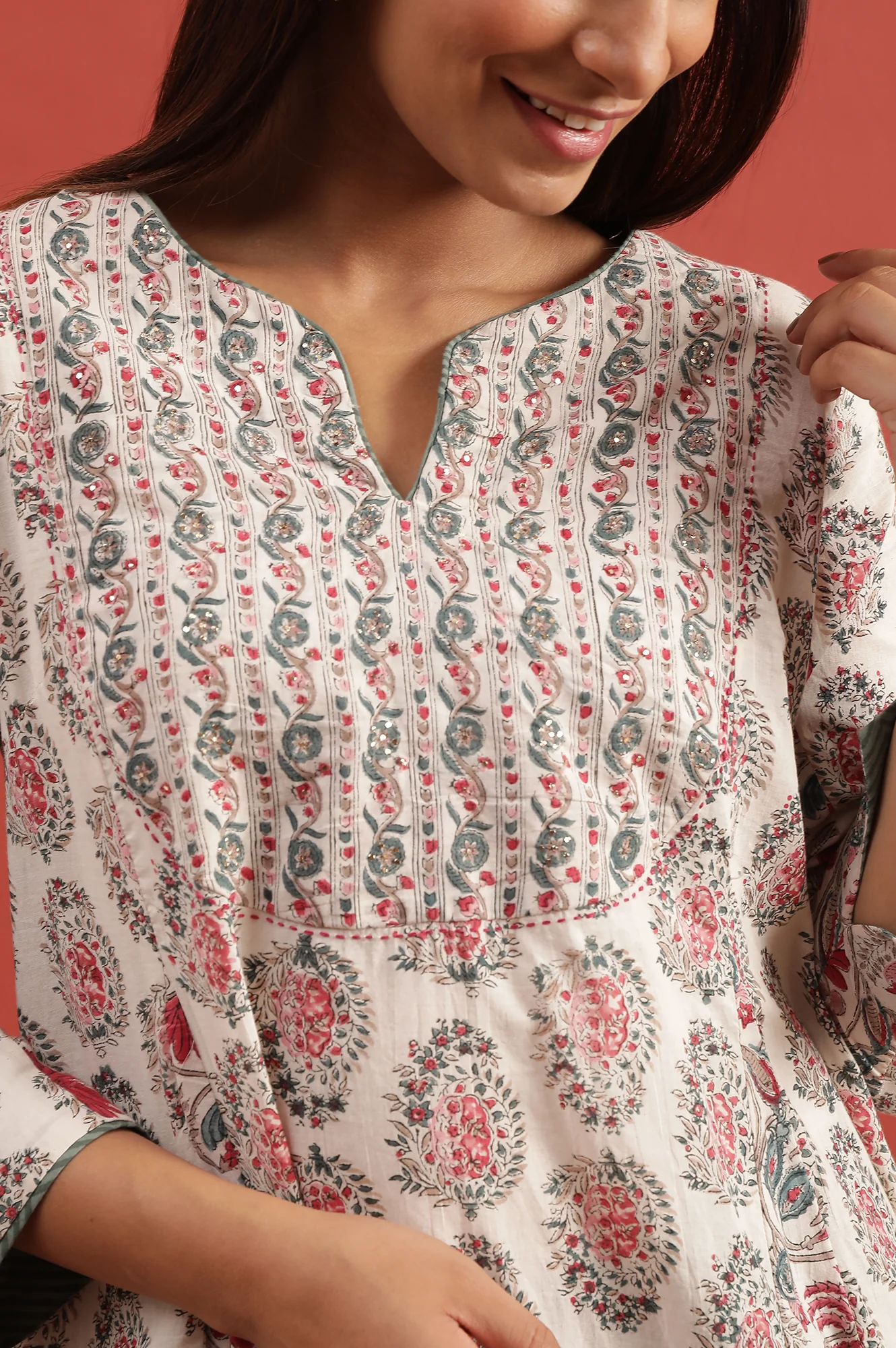 White Multi-Coloured Hand Block Print Flared Kurta - Image 7