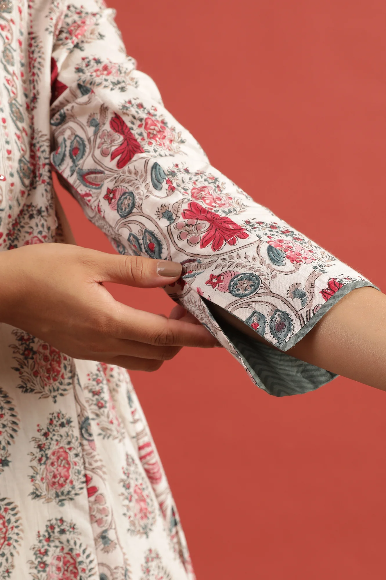 White Multi-Coloured Hand Block Print Flared Kurta - Image 8