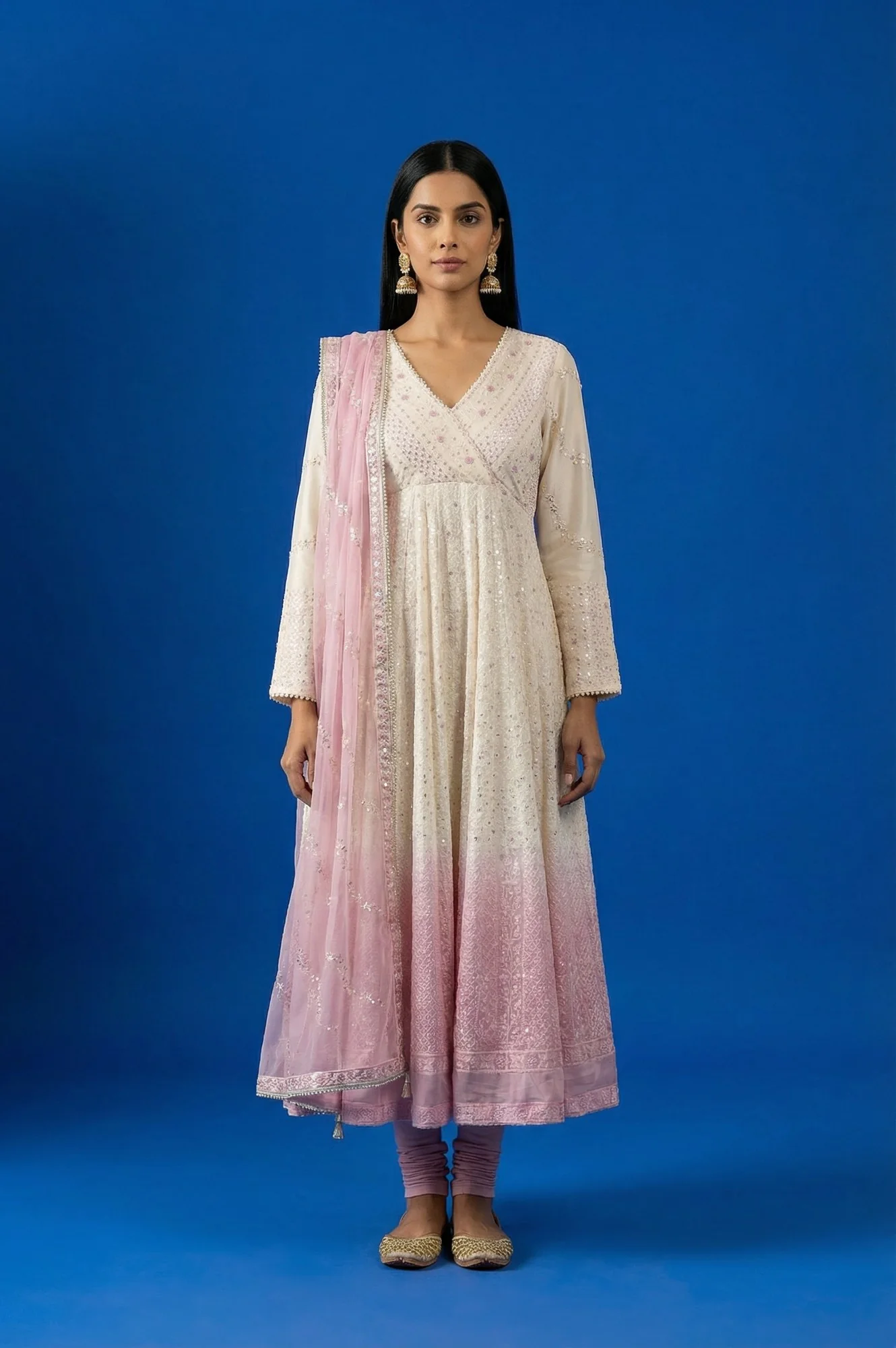White Ombre Sequinned Embroidered Anarkali Kurta with Churidar and Dupatta Set - Image 2