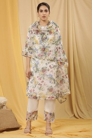 White Organza Floral Printed Dupatta - Image 2