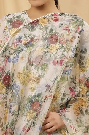 White Organza Floral Printed Dupatta - Image 4