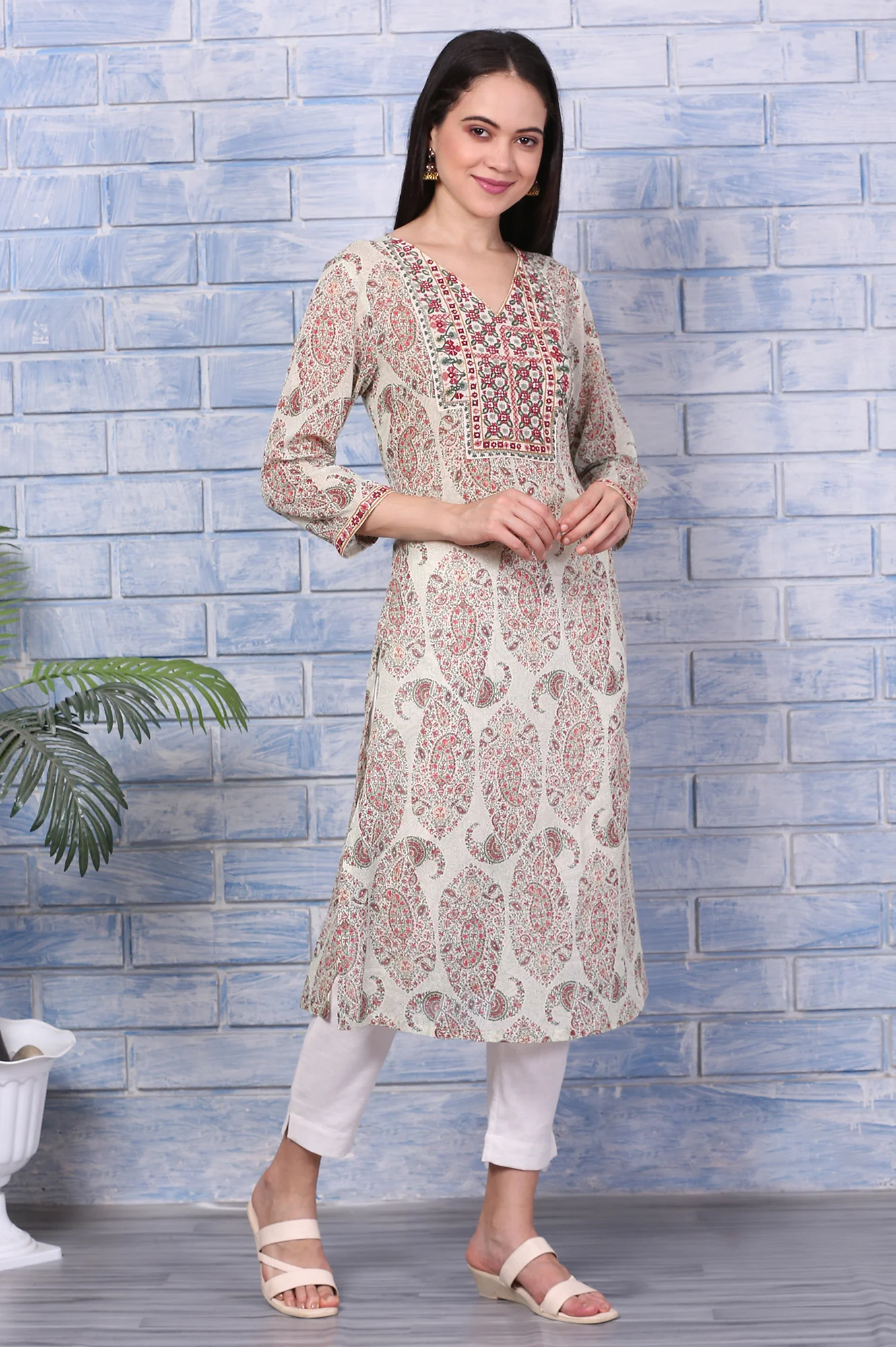 White Paisley Printed Pure Cotton Straight Kurta with Embroidered Yoke - Image 6
