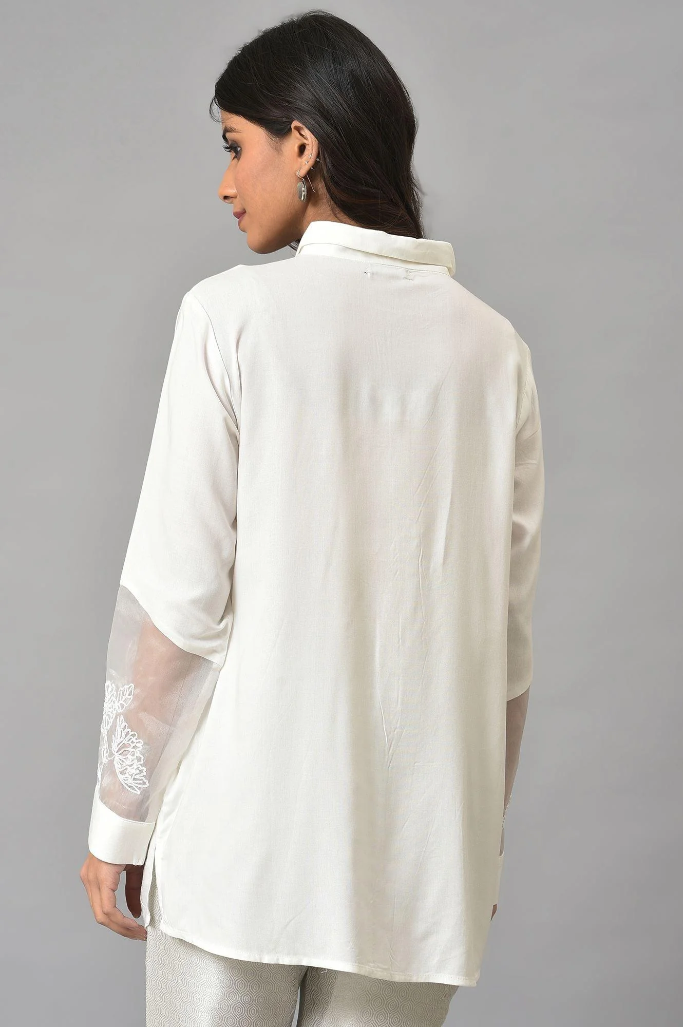 White Panelled Shirt With Embroidered Organza Sleeves - Image 2