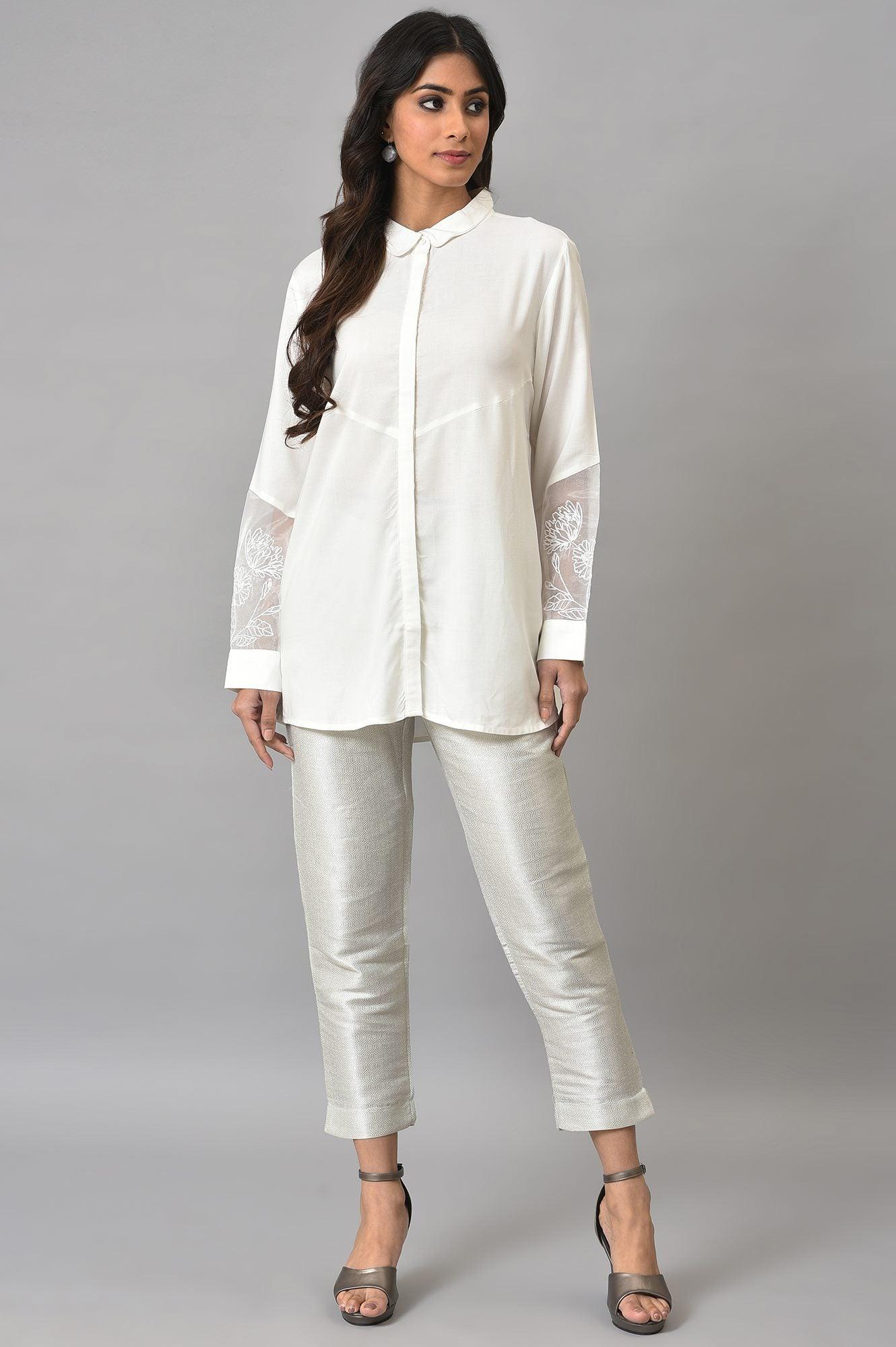White Panelled Shirt With Embroidered Organza Sleeves - Image 5