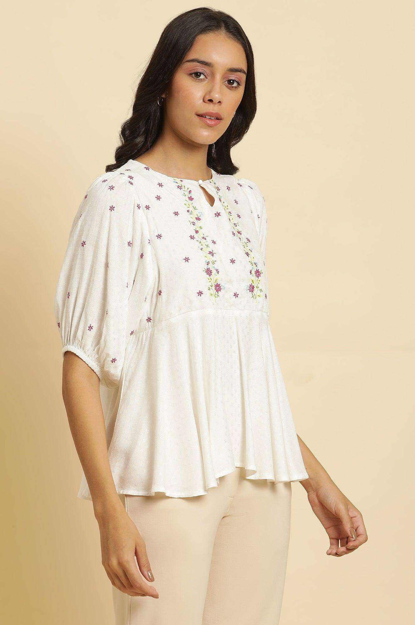 White Peplum Cotton Top with Embroidered Yoke - Image 4