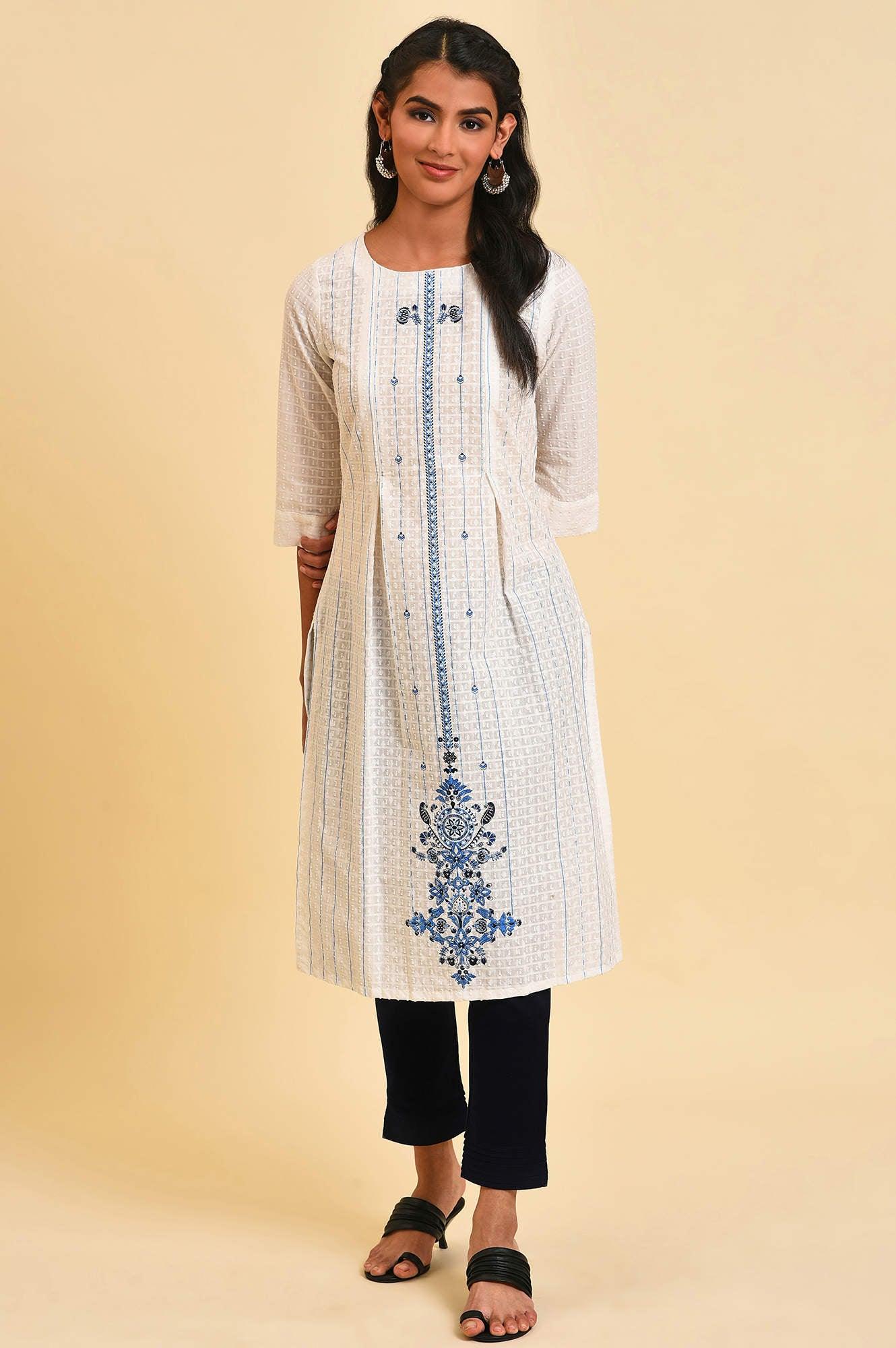 White Placement Print Dobby Plus Size kurta - Image 6