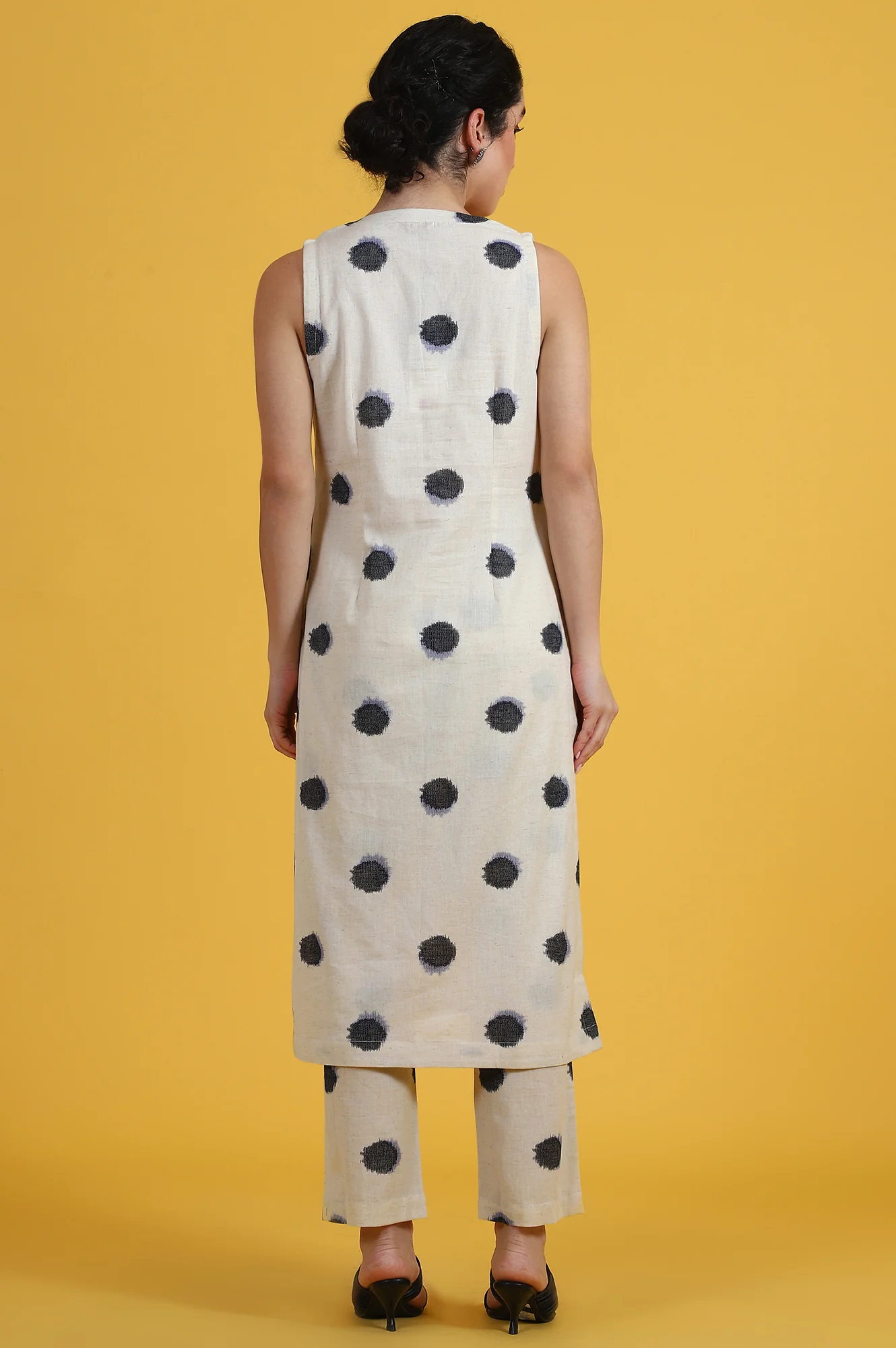 White Polka Dots Cotton Flax A-line Kurta and Pants Co-ord Set - Image 6