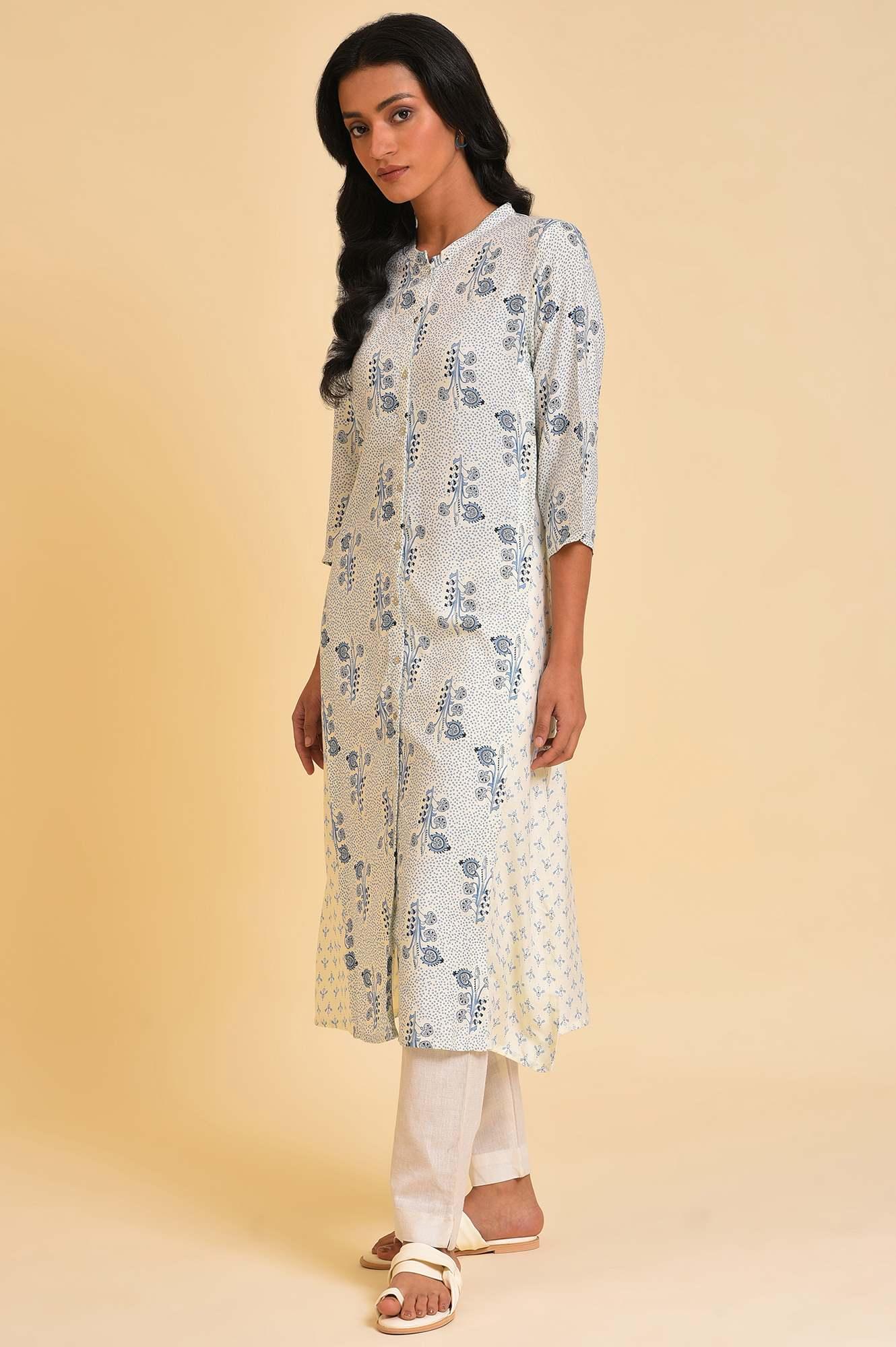 White Cotton Printed Button-Down Kurta - Image 3