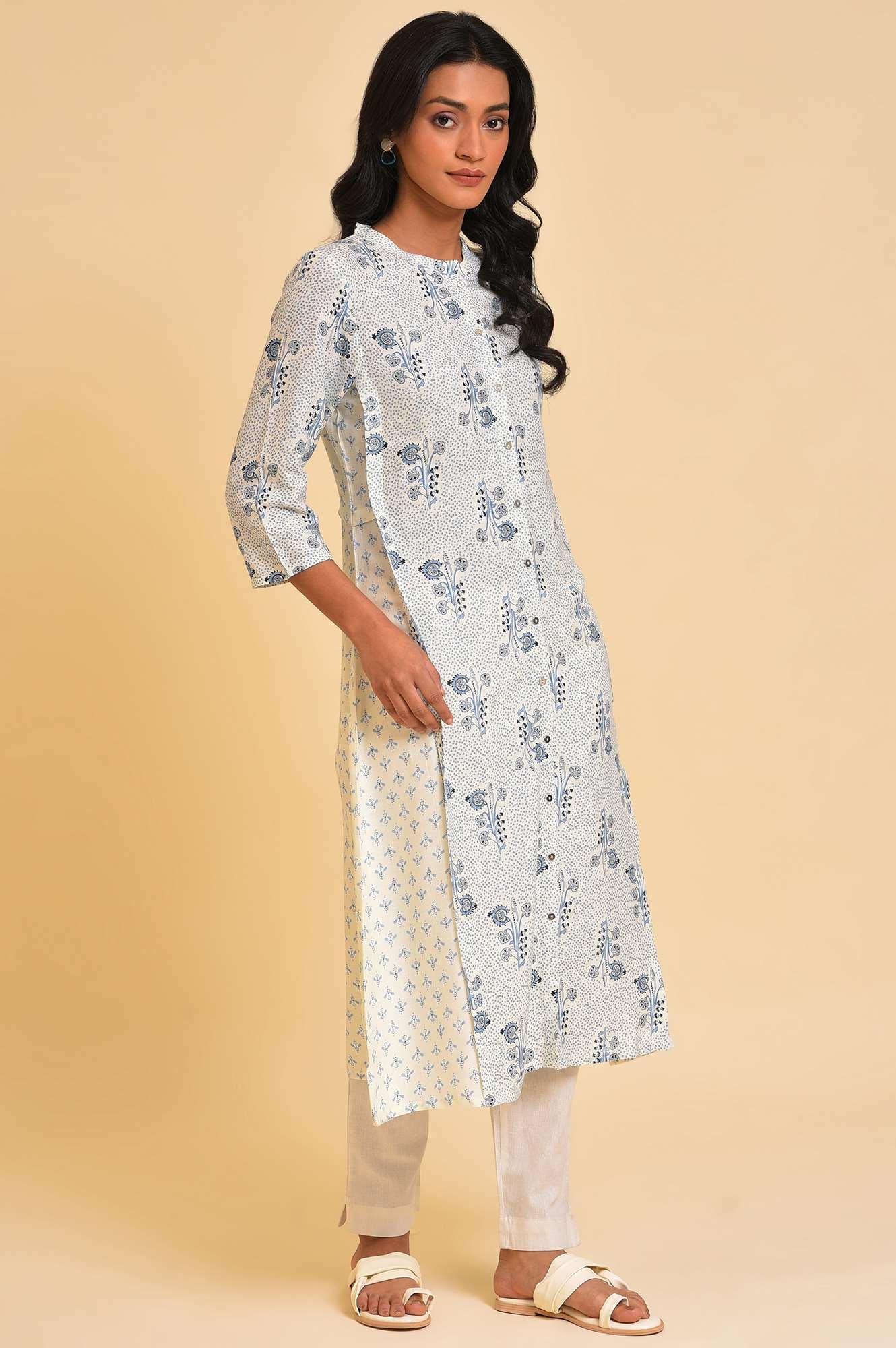 White Cotton Printed Button-Down Kurta - Image 4