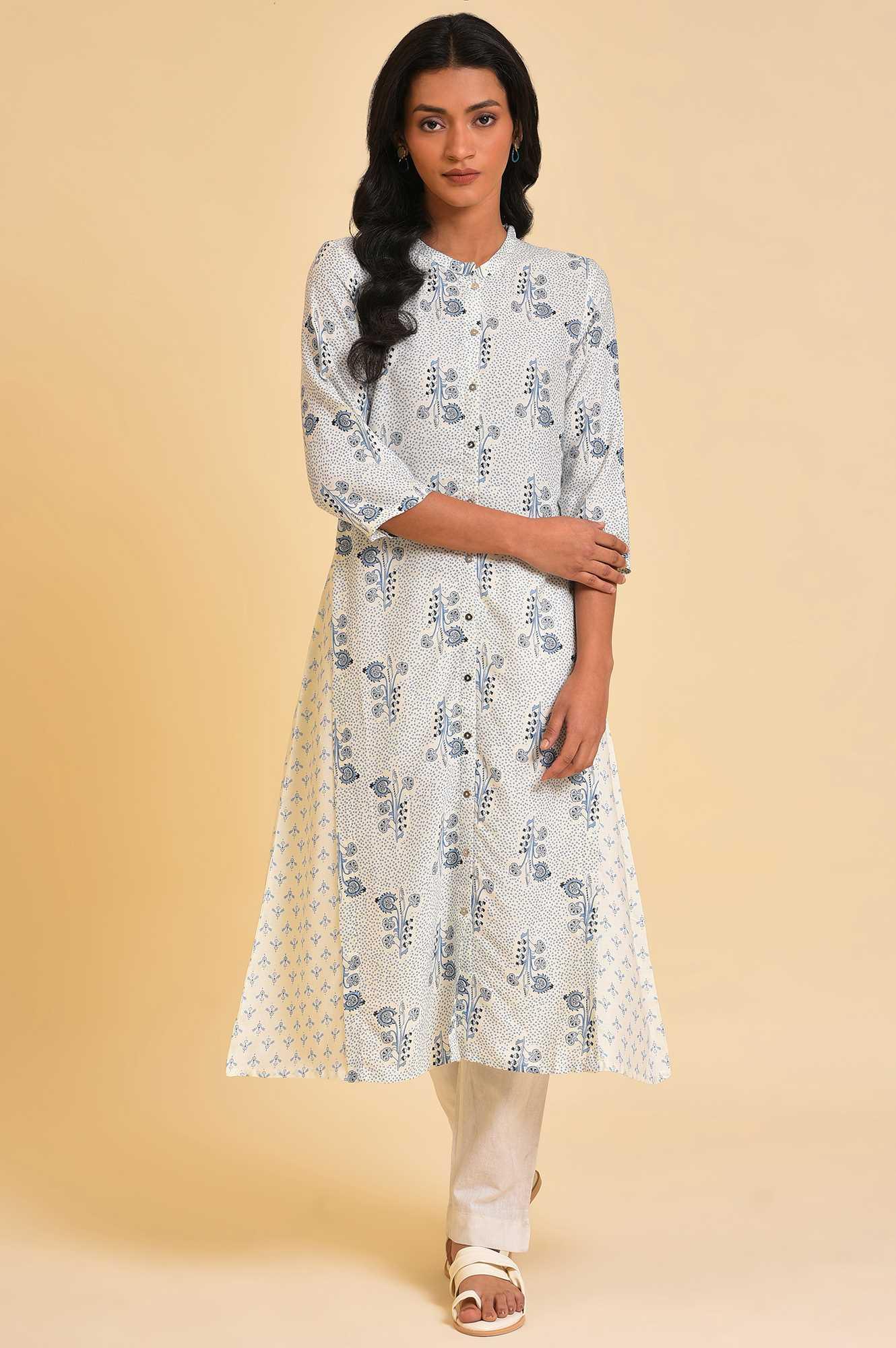 White Cotton Printed Button-Down Kurta - Image 6
