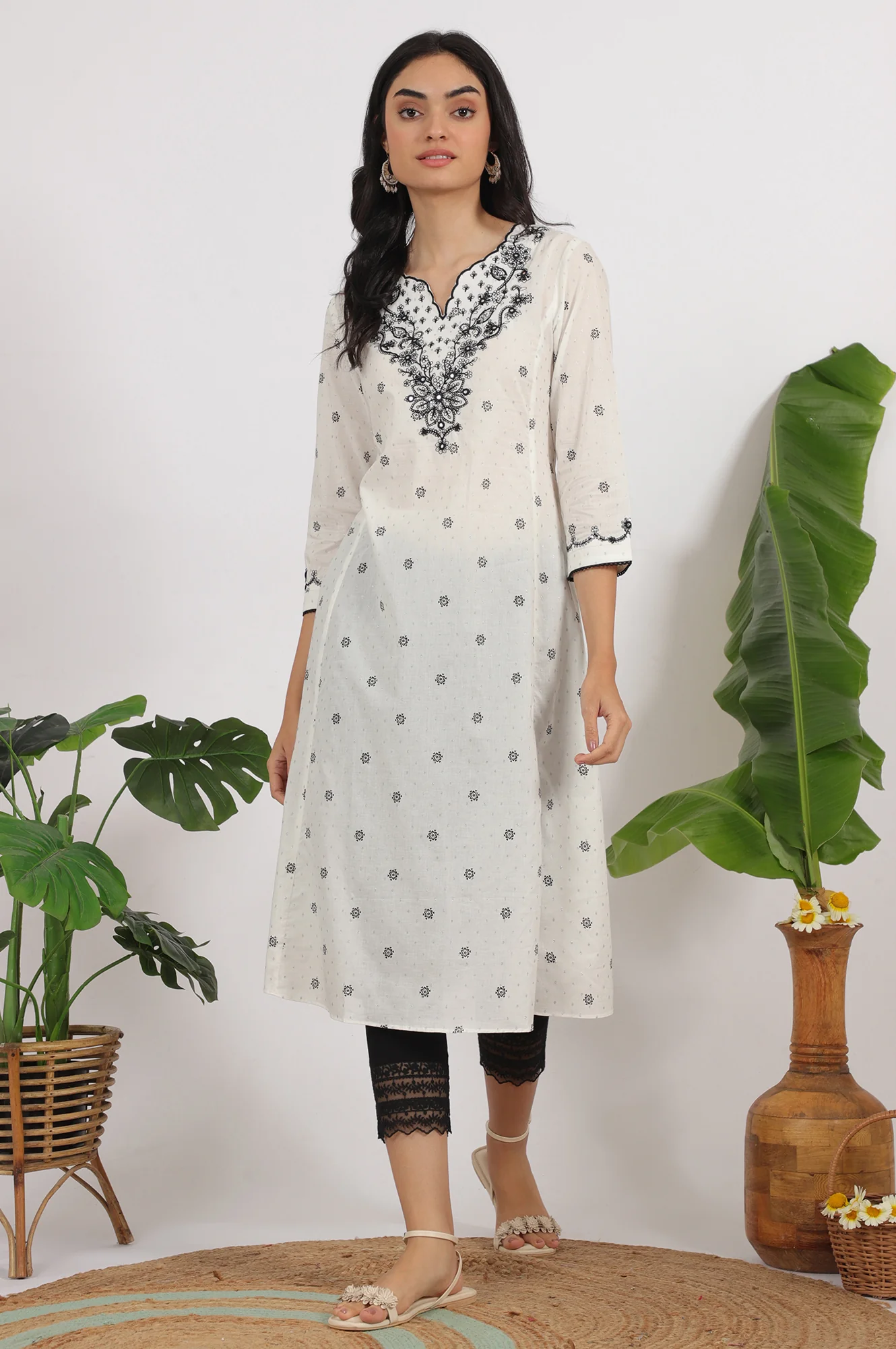 White Printed Cotton Lurex Dobby Flared Kurta with Embroidered Yoke - Image 2