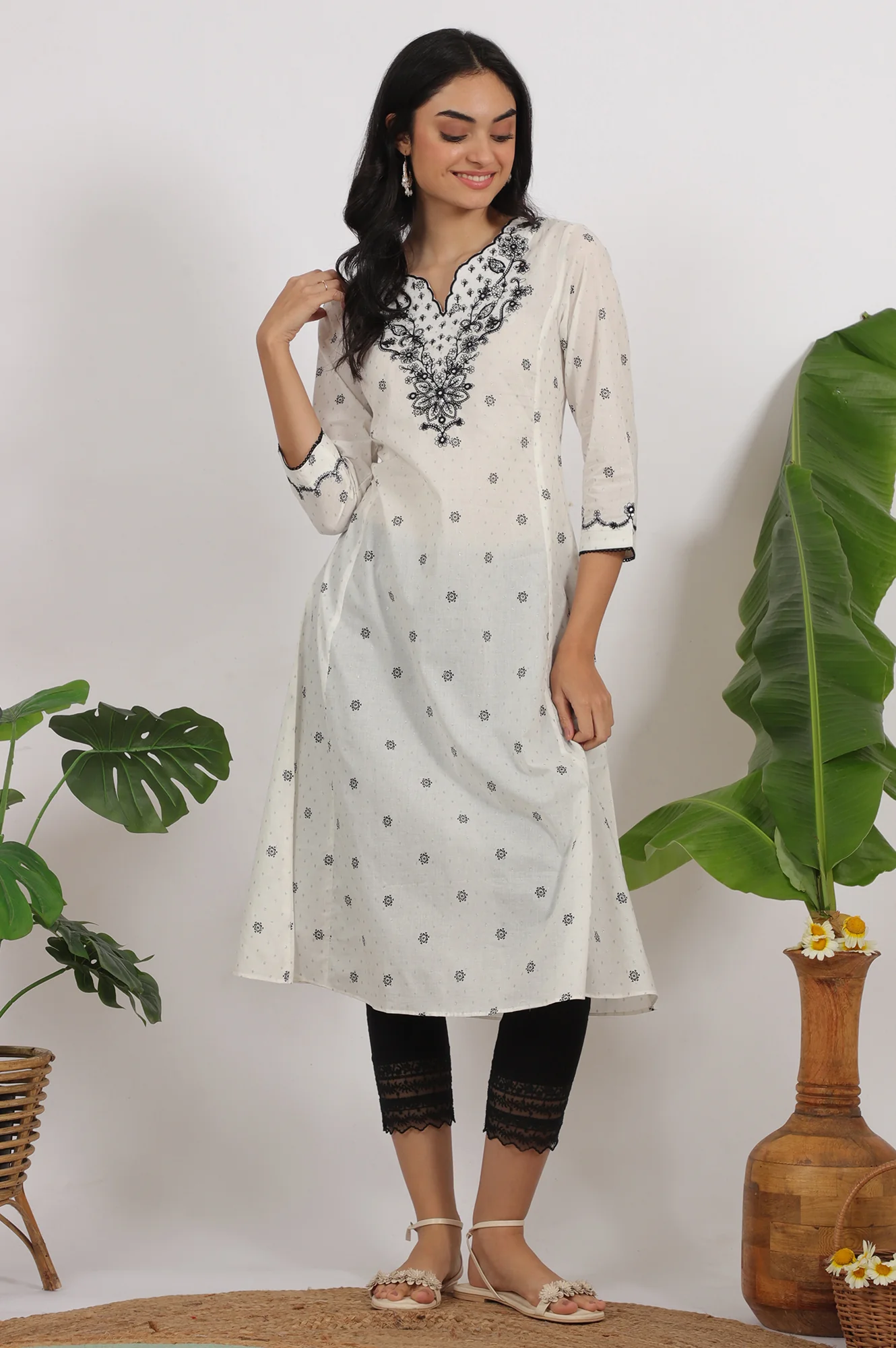 White Printed Cotton Lurex Dobby Flared Kurta with Embroidered Yoke - Image 3
