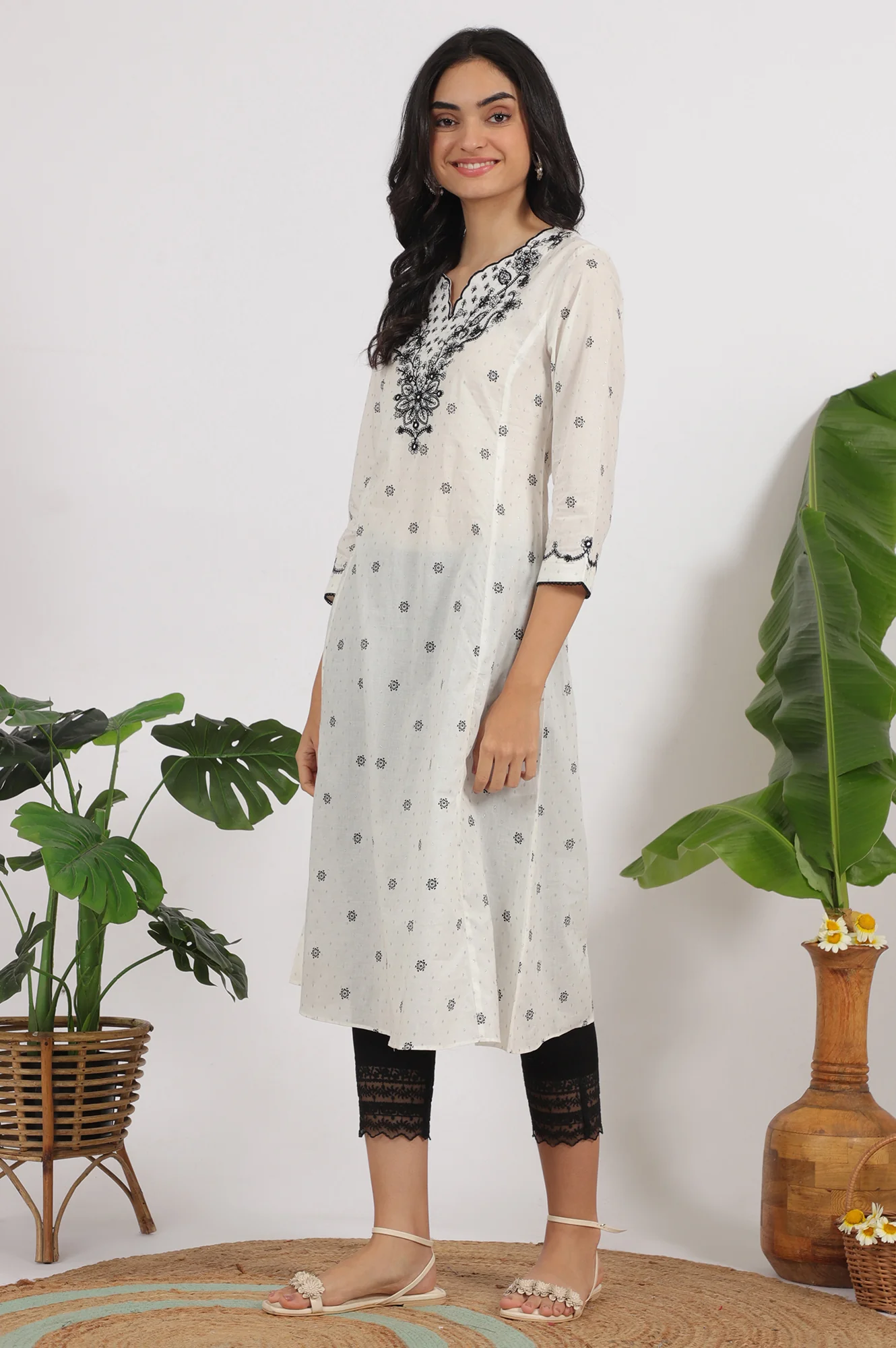 White Printed Cotton Lurex Dobby Flared Kurta with Embroidered Yoke - Image 5