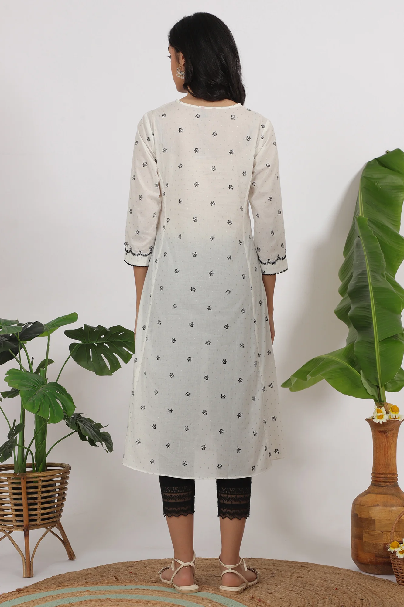 White Printed Cotton Lurex Dobby Flared Kurta with Embroidered Yoke - Image 6