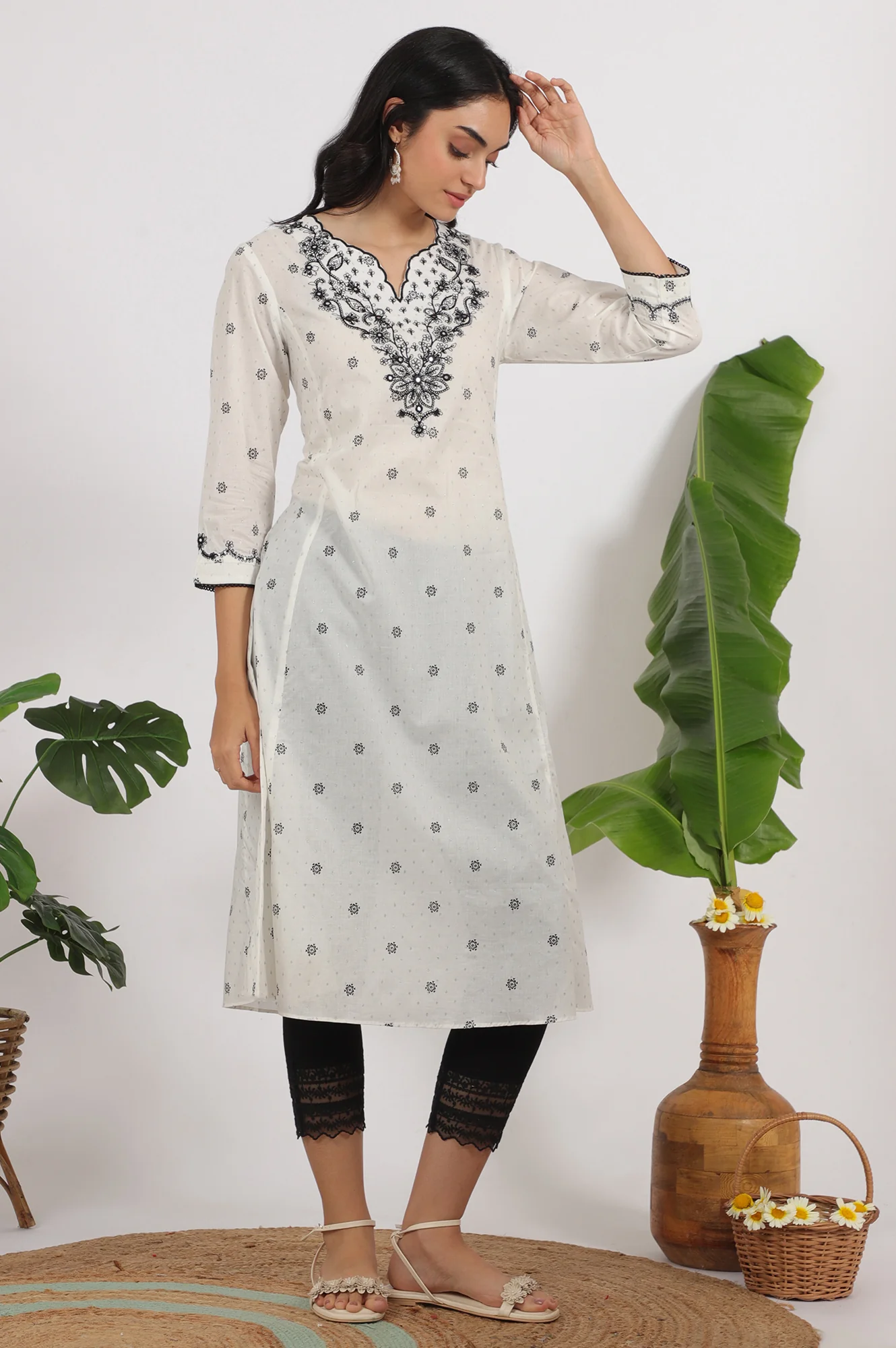 White Printed Cotton Lurex Dobby Flared Kurta with Embroidered Yoke - Image 7