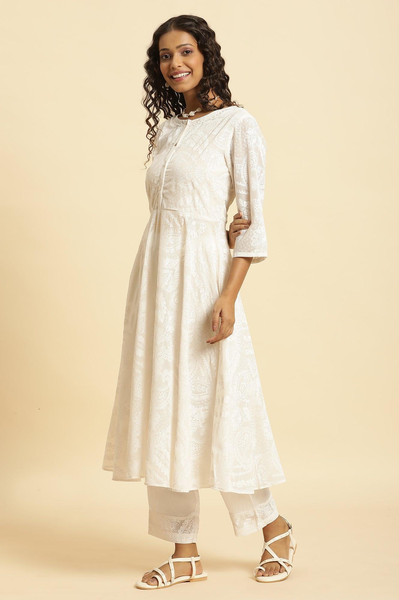 White Printed Flared Kurta And Pants Set - Image 3