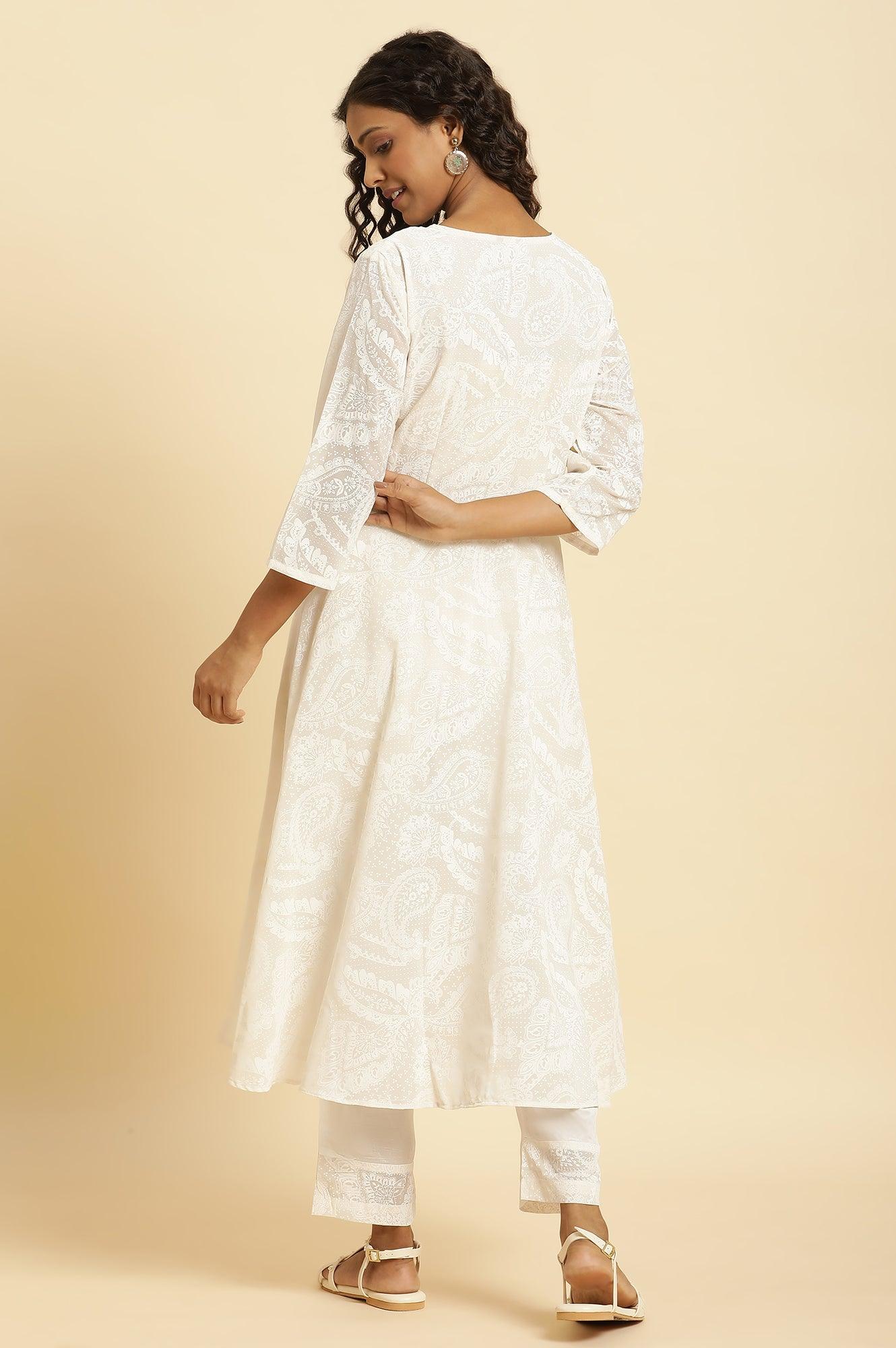 White Printed Flared Kurta And Pants Set - Image 4