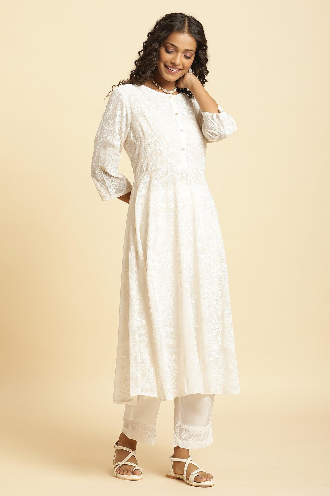 White Printed Flared Kurta And Pants Set - Image 5