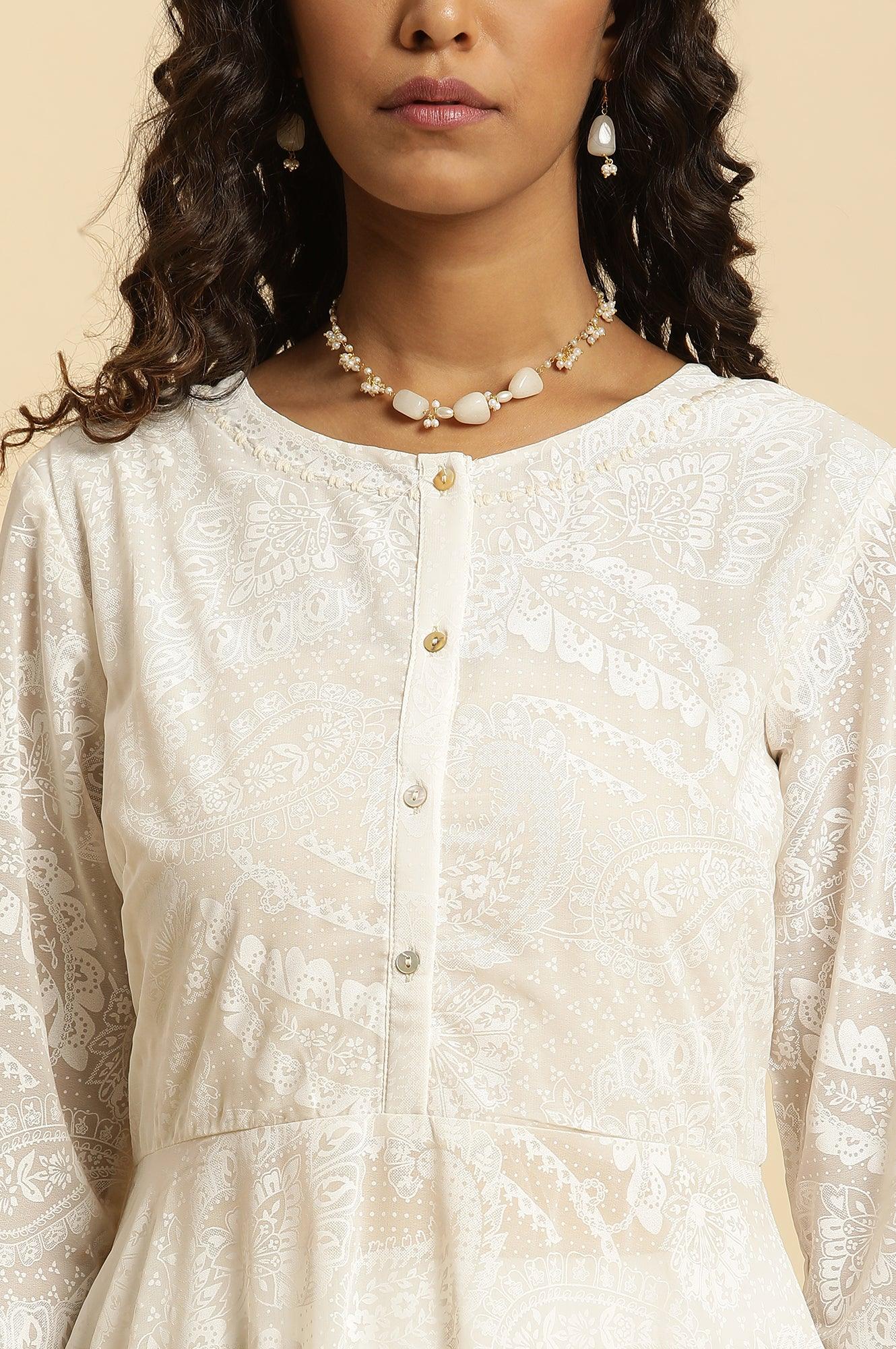 White Printed Flared Kurta And Pants Set - Image 6