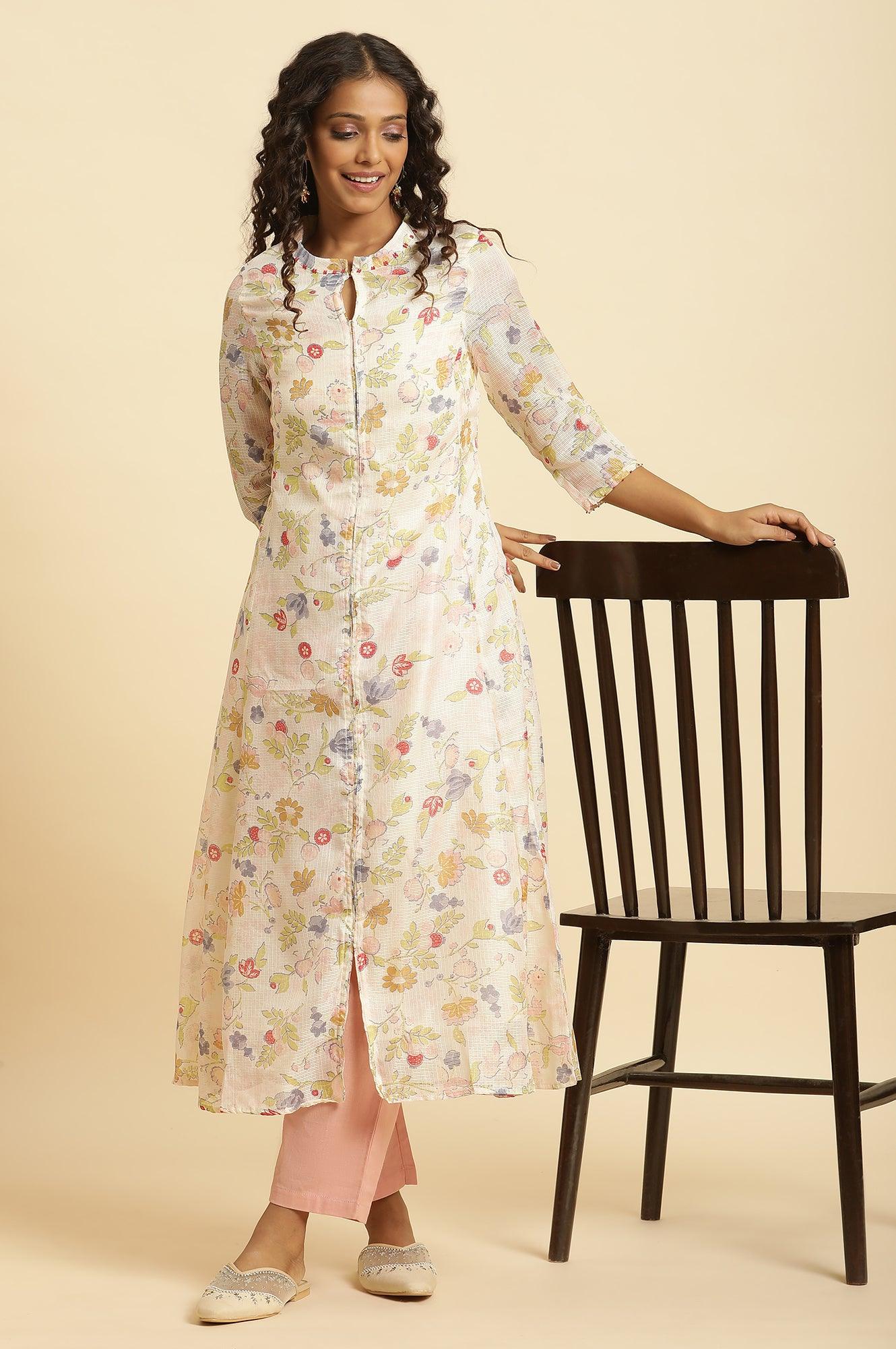 White Printed Layered Kota Kurta And Pants Set