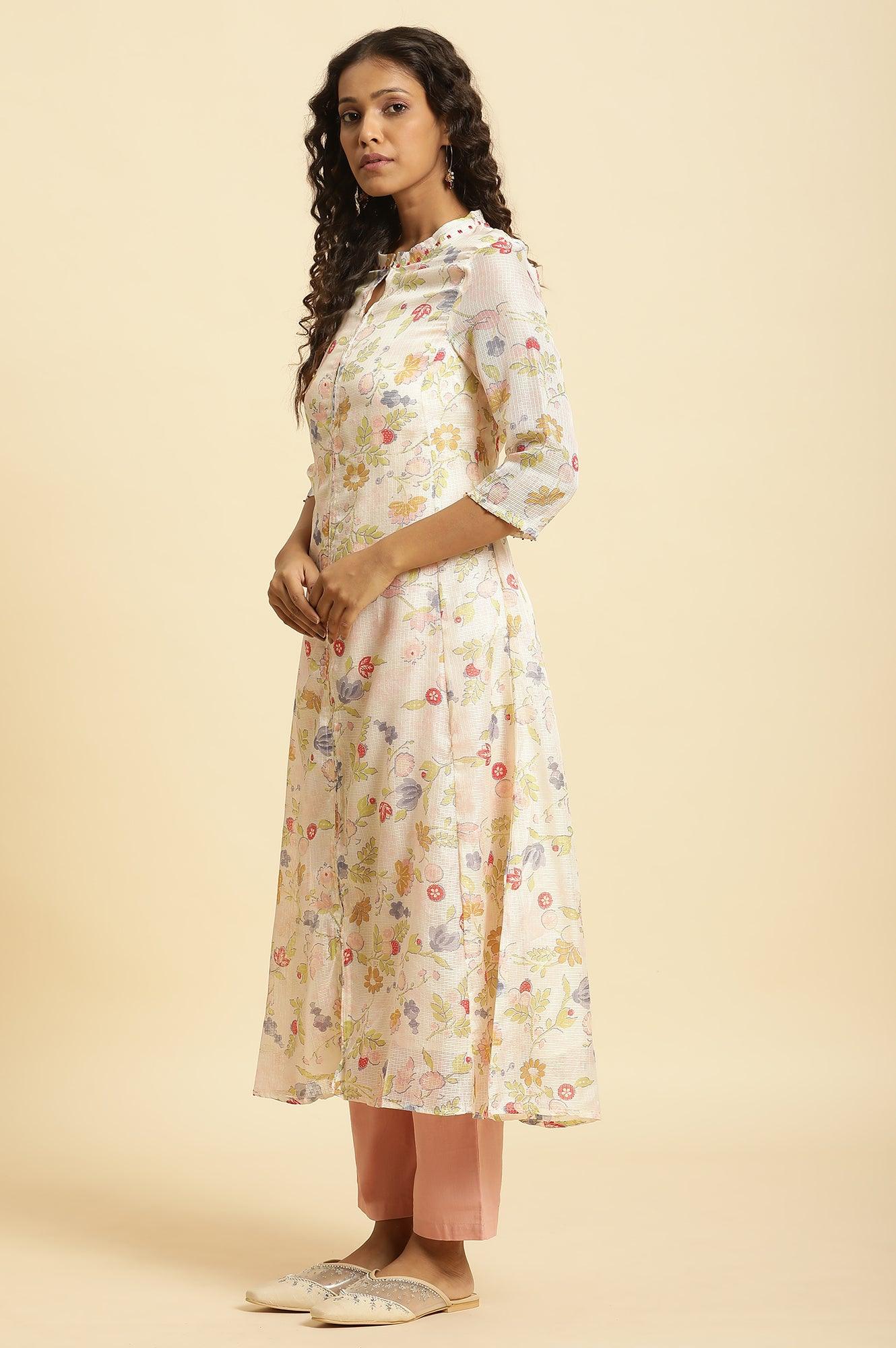 White Printed Layered Kota Kurta And Pants Set - Image 3