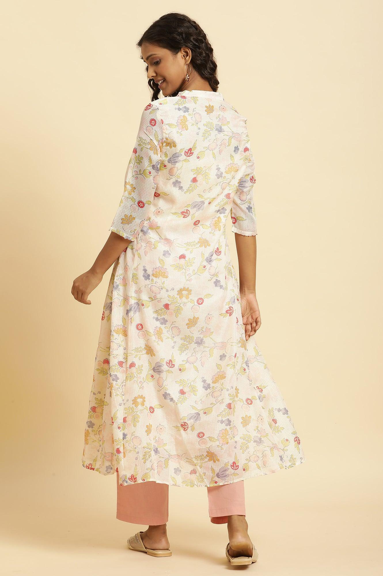 White Printed Layered Kota Kurta And Pants Set - Image 4