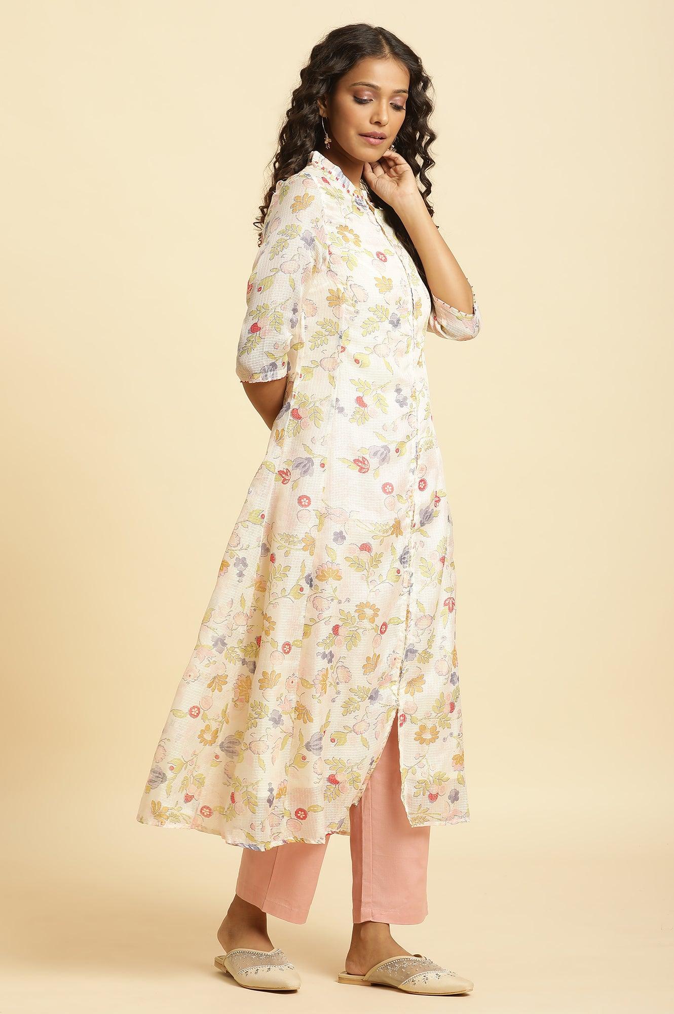 White Printed Layered Kota Kurta And Pants Set - Image 5