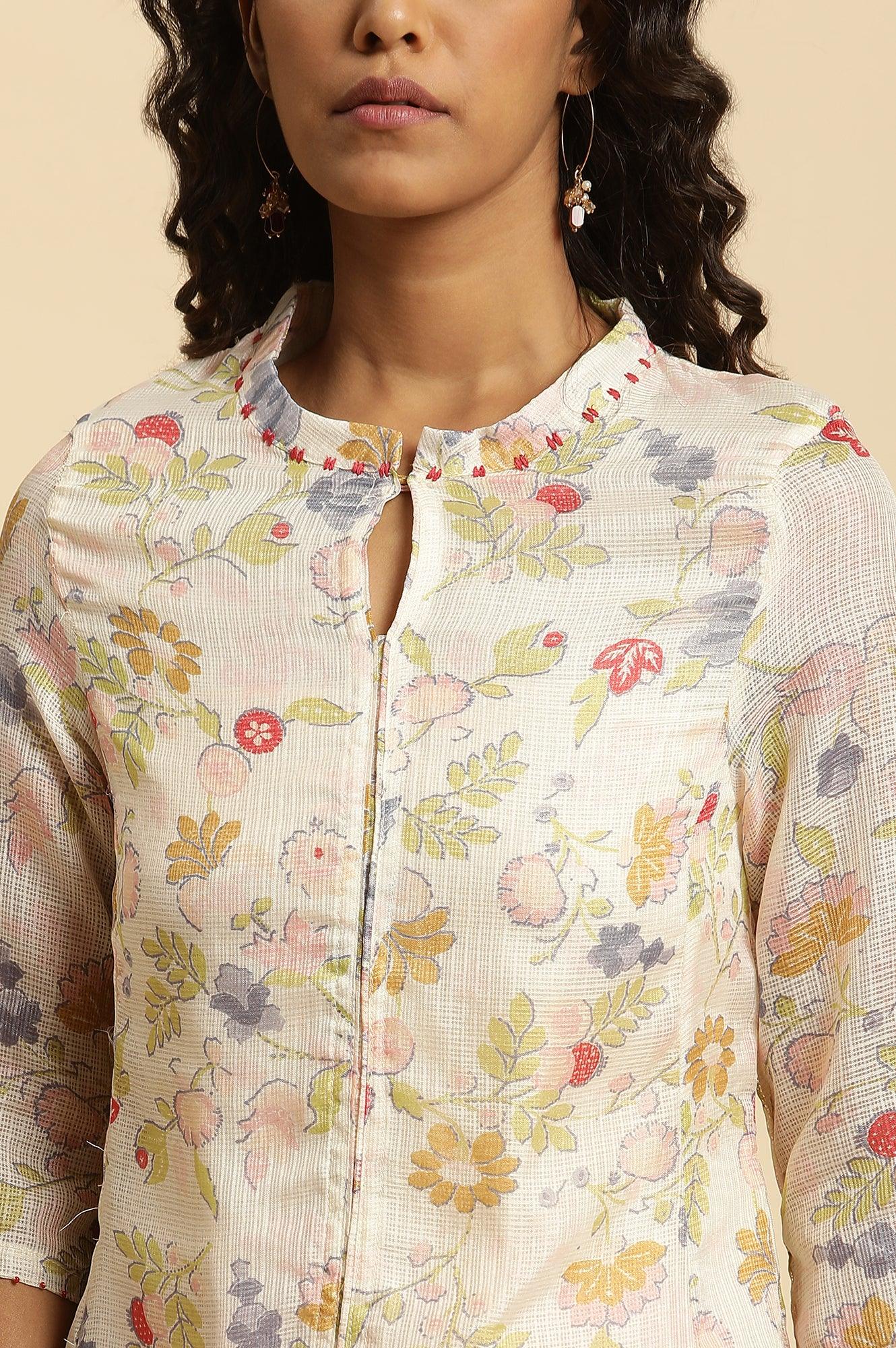 White Printed Layered Kota Kurta And Pants Set - Image 6