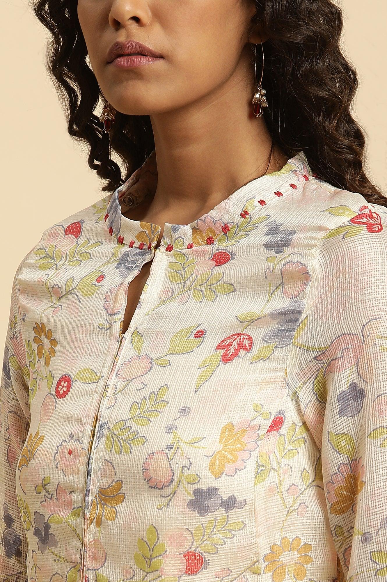 White Printed Layered Kota Kurta And Pants Set - Image 7