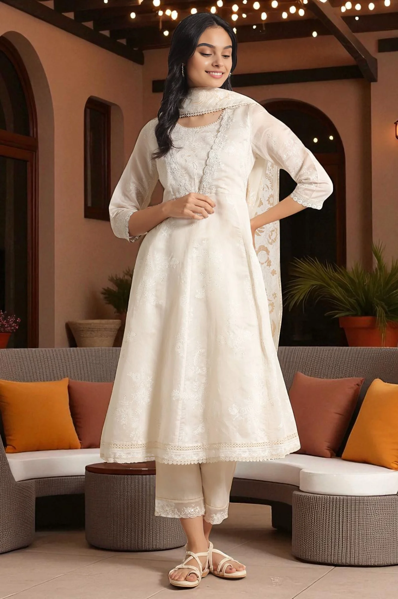 White Printed Mock Layered Flared Chanderi Kurta, Pants and Dupatta Set