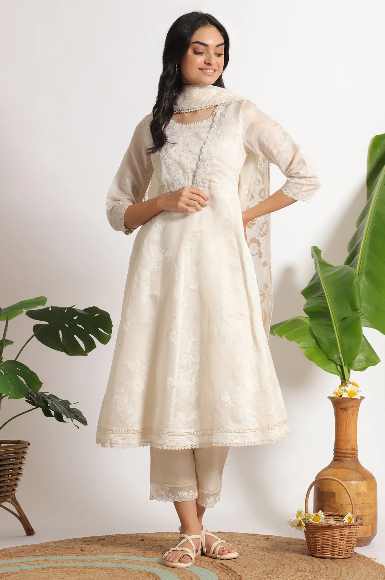 White Printed Mock Layered Flared Chanderi Kurta, Pants and Dupatta Set - Image 2