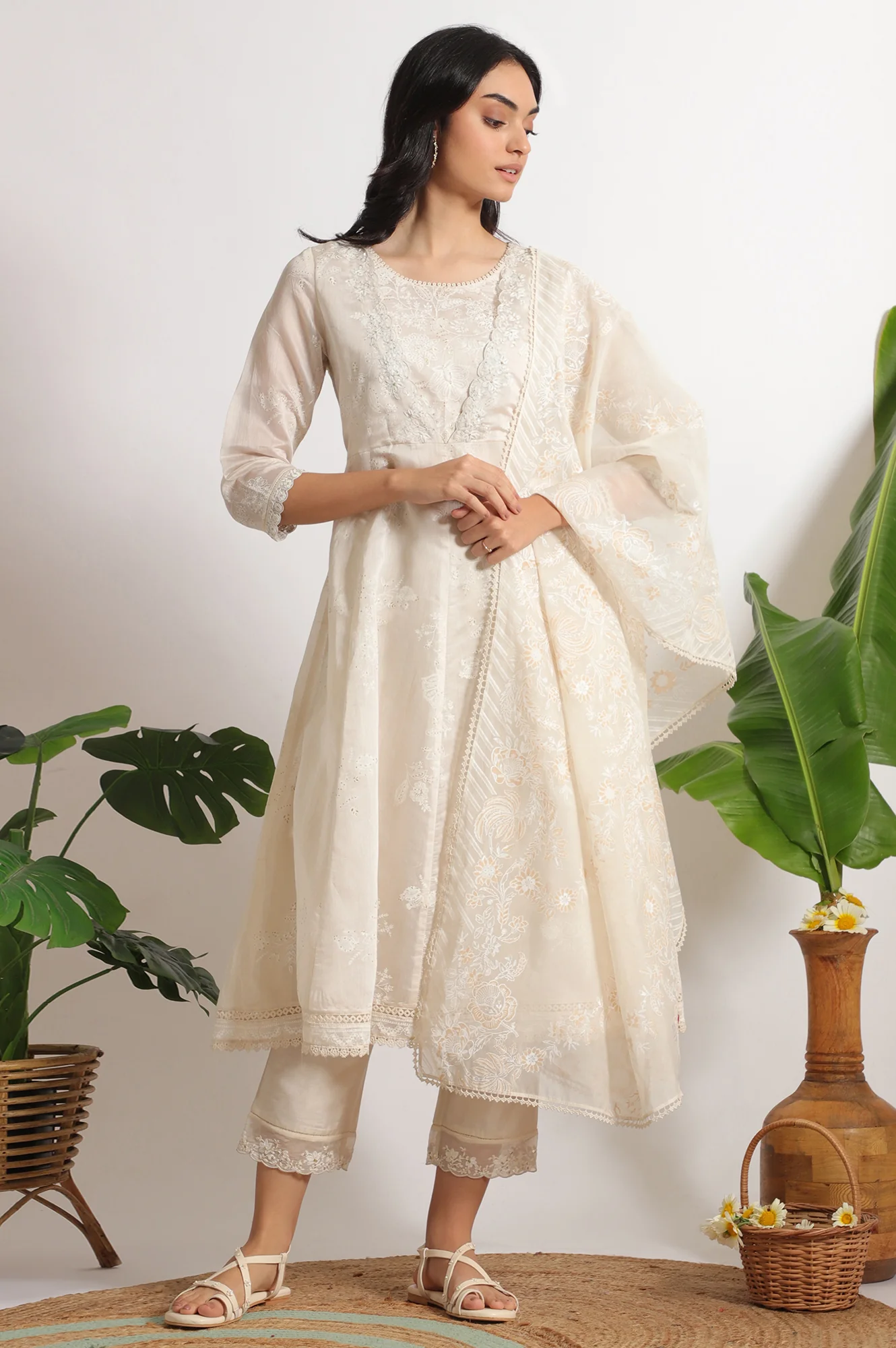 White Printed Mock Layered Flared Chanderi Kurta, Pants and Dupatta Set - Image 3