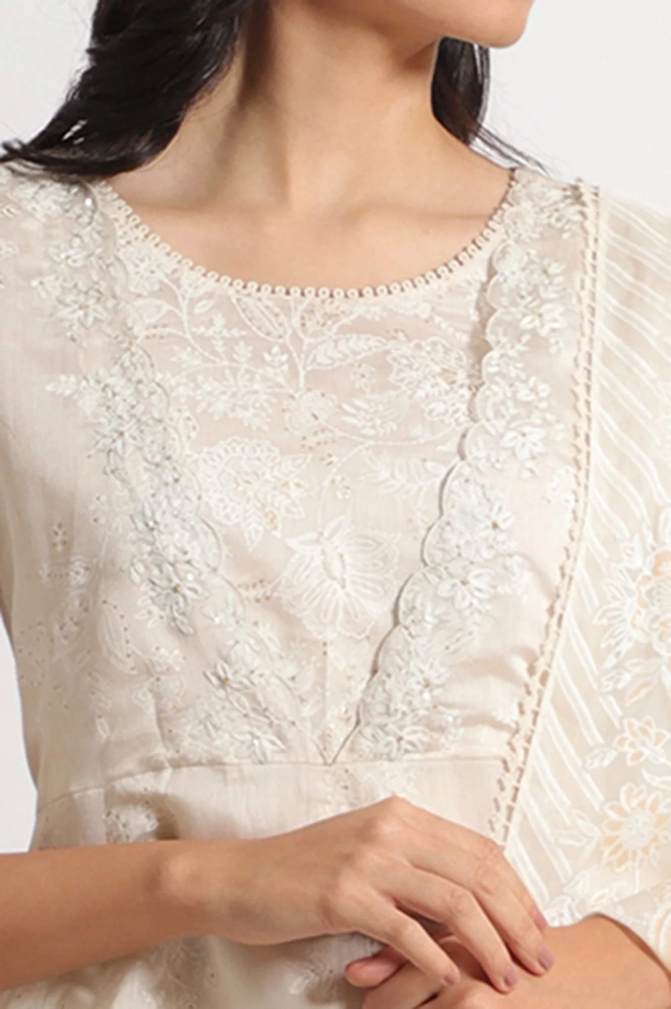 White Printed Mock Layered Flared Chanderi Kurta, Pants and Dupatta Set - Image 4