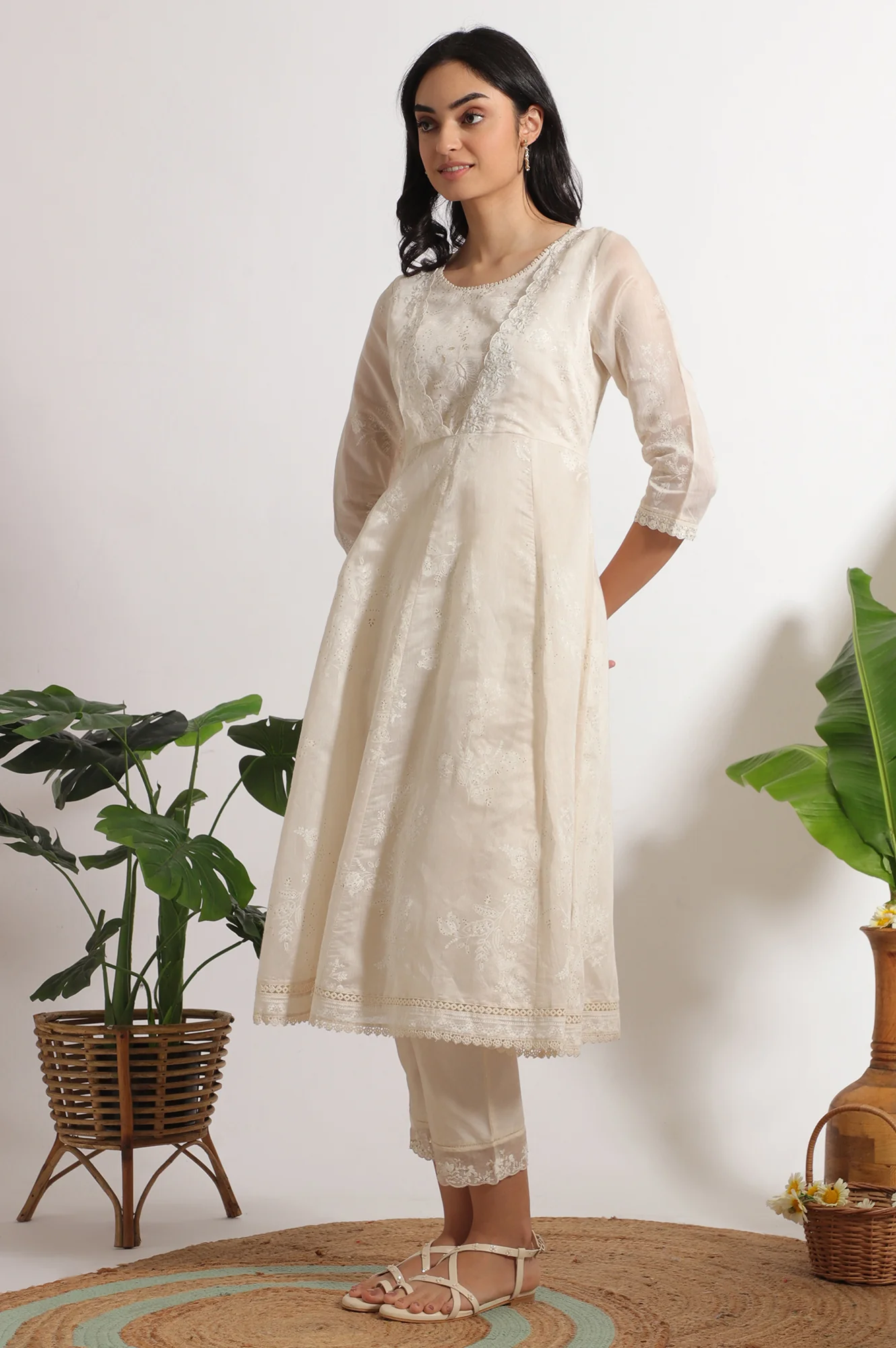 White Printed Mock Layered Flared Chanderi Kurta, Pants and Dupatta Set - Image 5