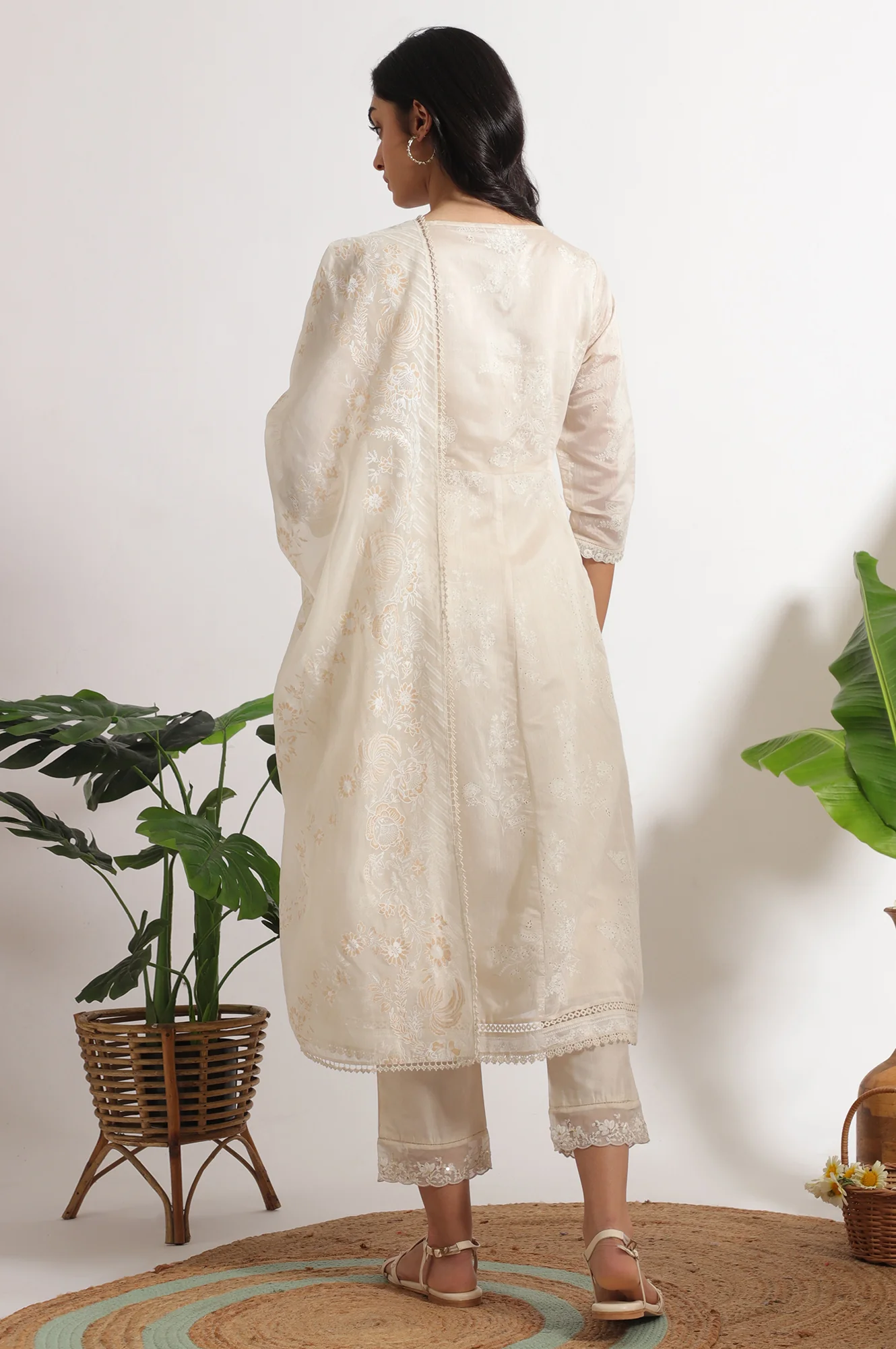 White Printed Mock Layered Flared Chanderi Kurta, Pants and Dupatta Set - Image 6
