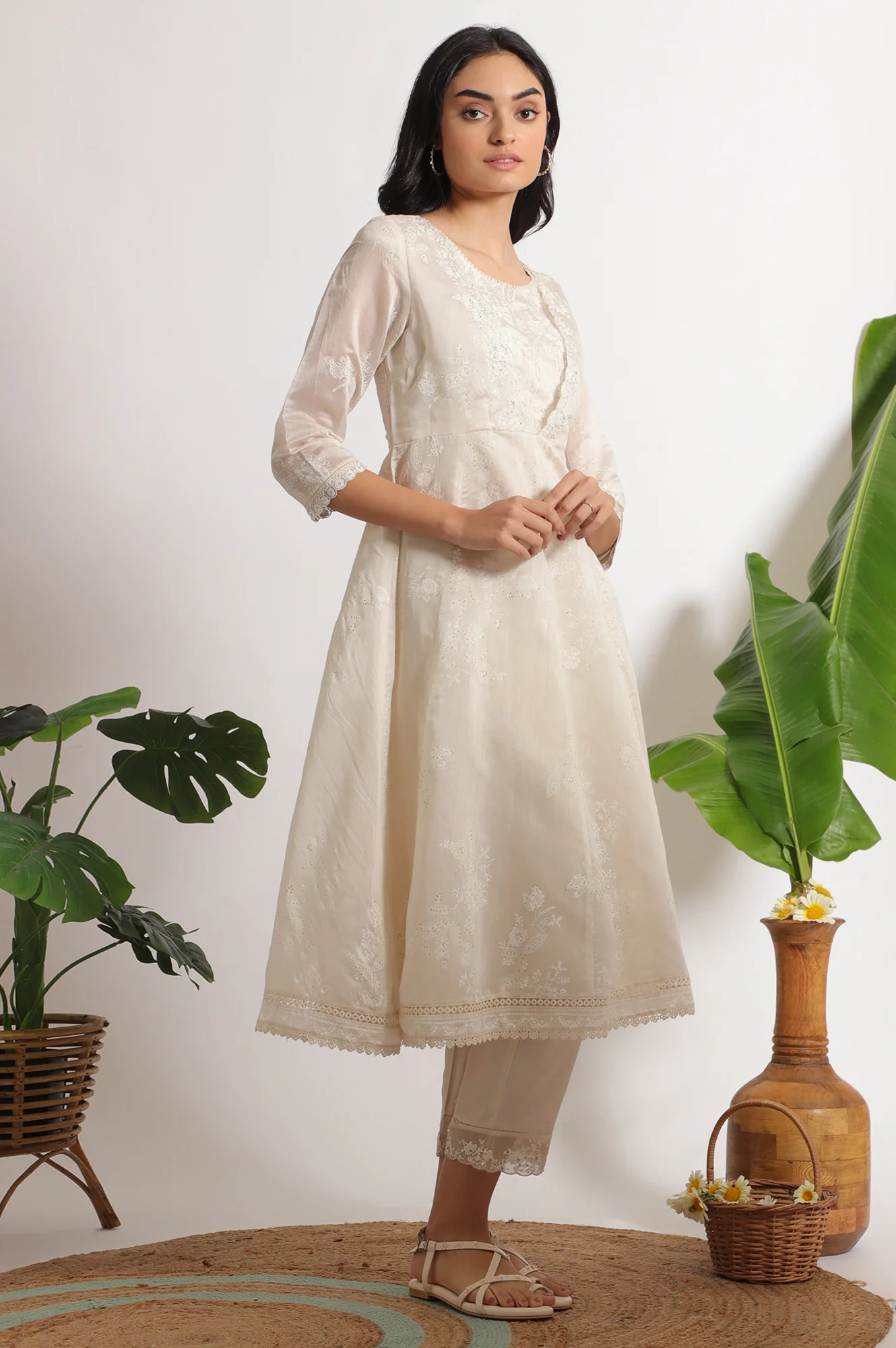 White Printed Mock Layered Flared Chanderi Kurta, Pants and Dupatta Set - Image 7