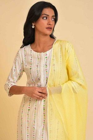 White Printed Straight Kurta, Parallel Pants And Dupatta Set - Image 5