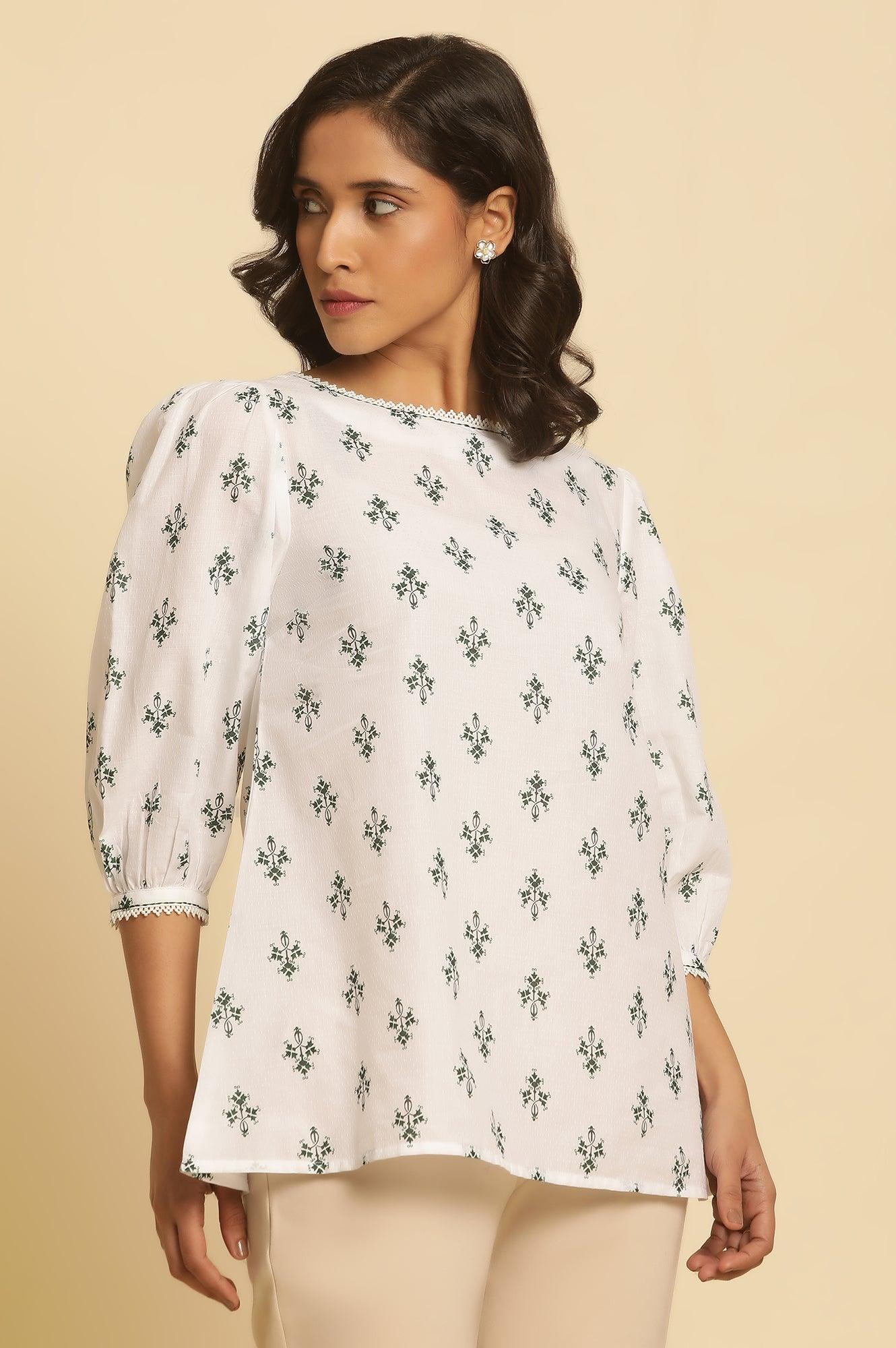 White Printed Top Wit Lace And Puffed Sleeves - Image 4