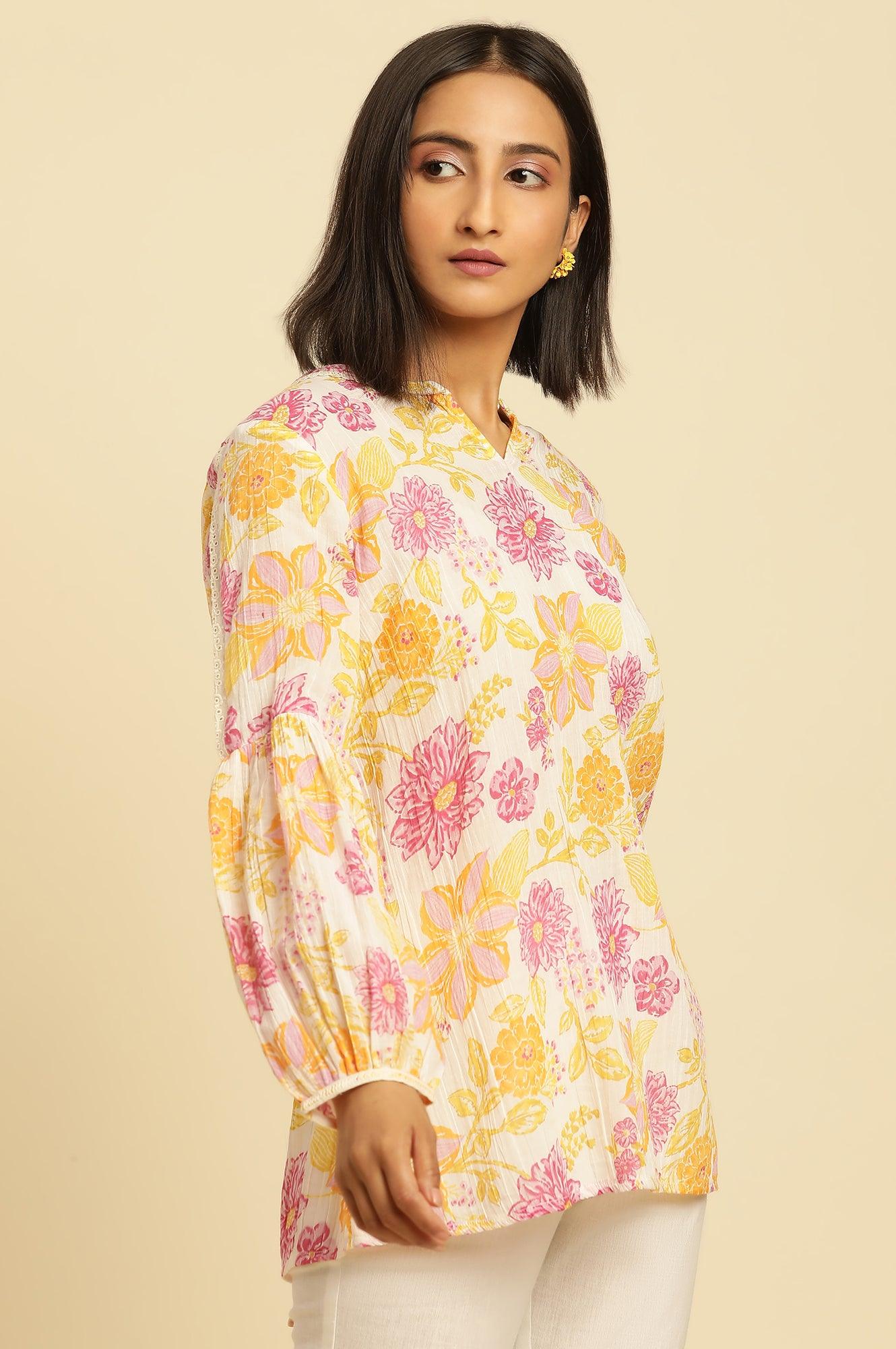 White Printed Top With Tie-Up Detail - Image 4