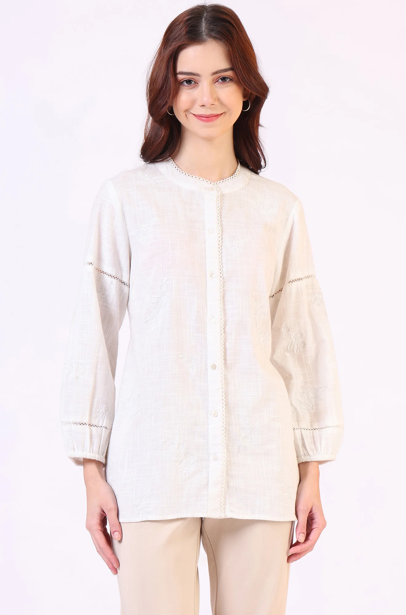 White Pure Cotton Button Down Shirt With Tonal Embroidery - Image 3