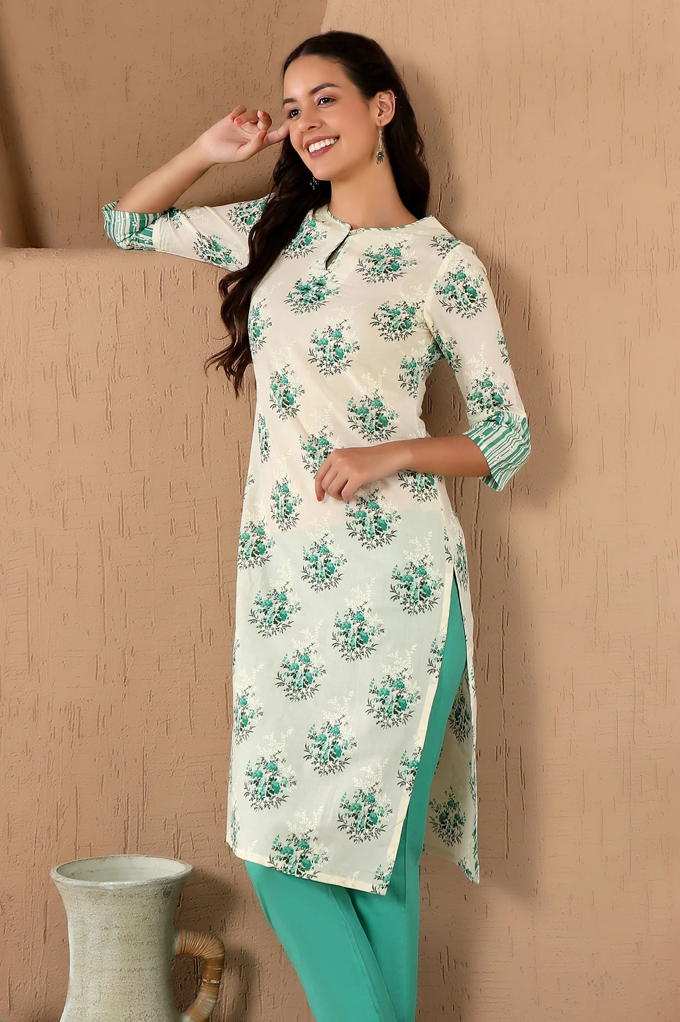White Pure Cotton Straight Kurta with Green Floral Print - Image 2