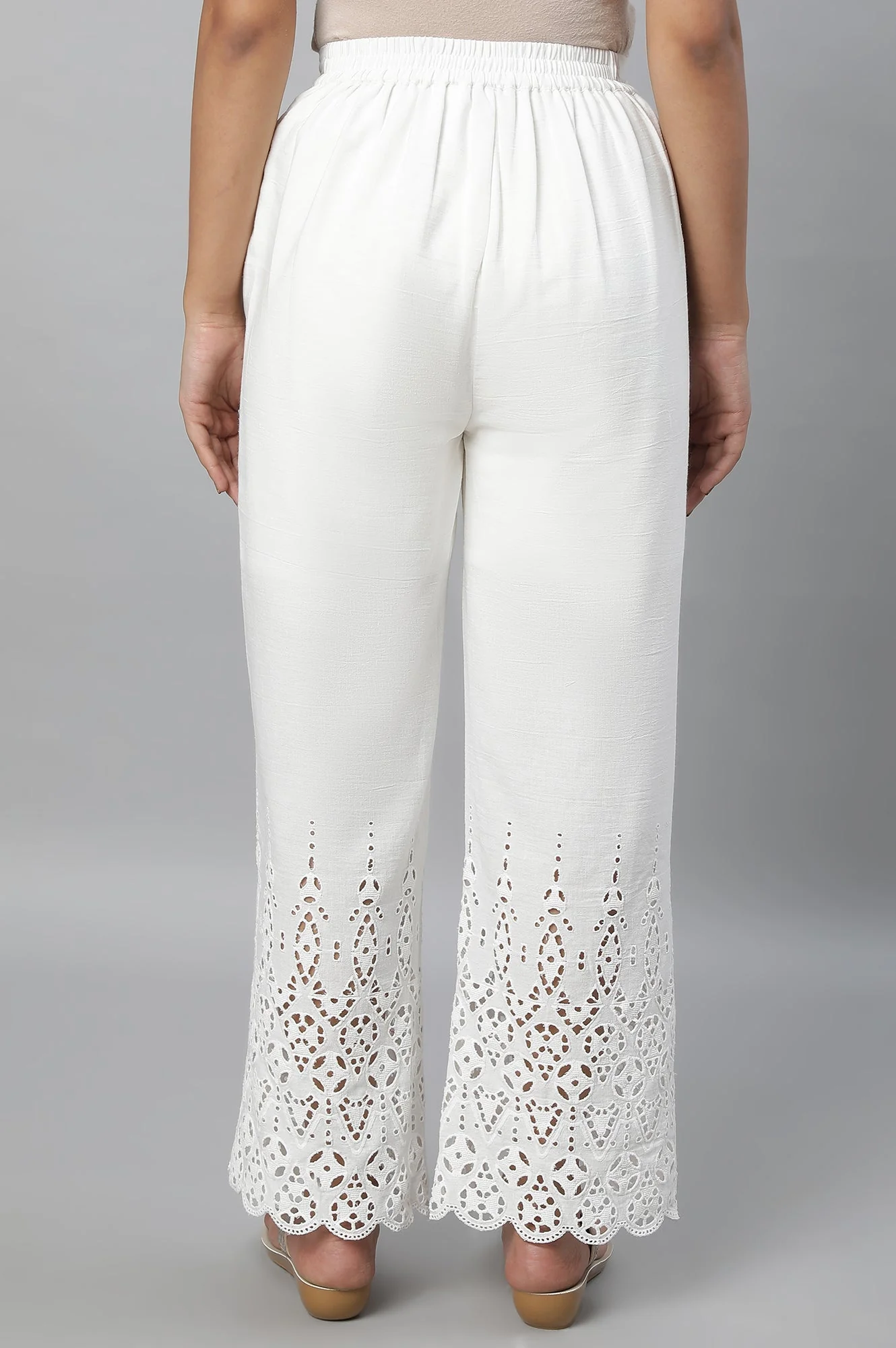 Elleven Women's White Embroidered Straight Fit Cotton Palazzo With Side Pockets - Image 2